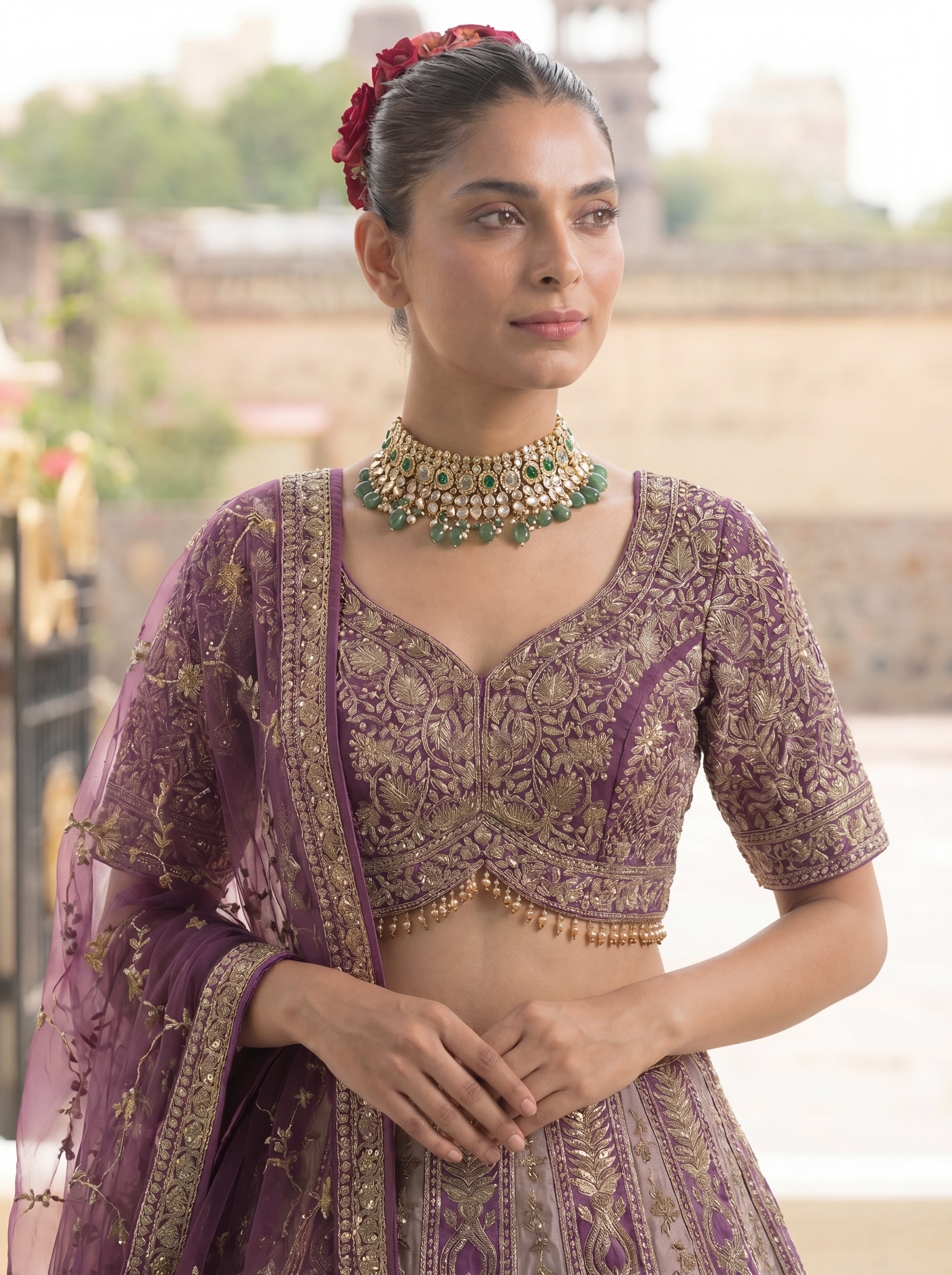 Mauve Purple Viscose Zardozi Bridal Lehenga Choli Set
