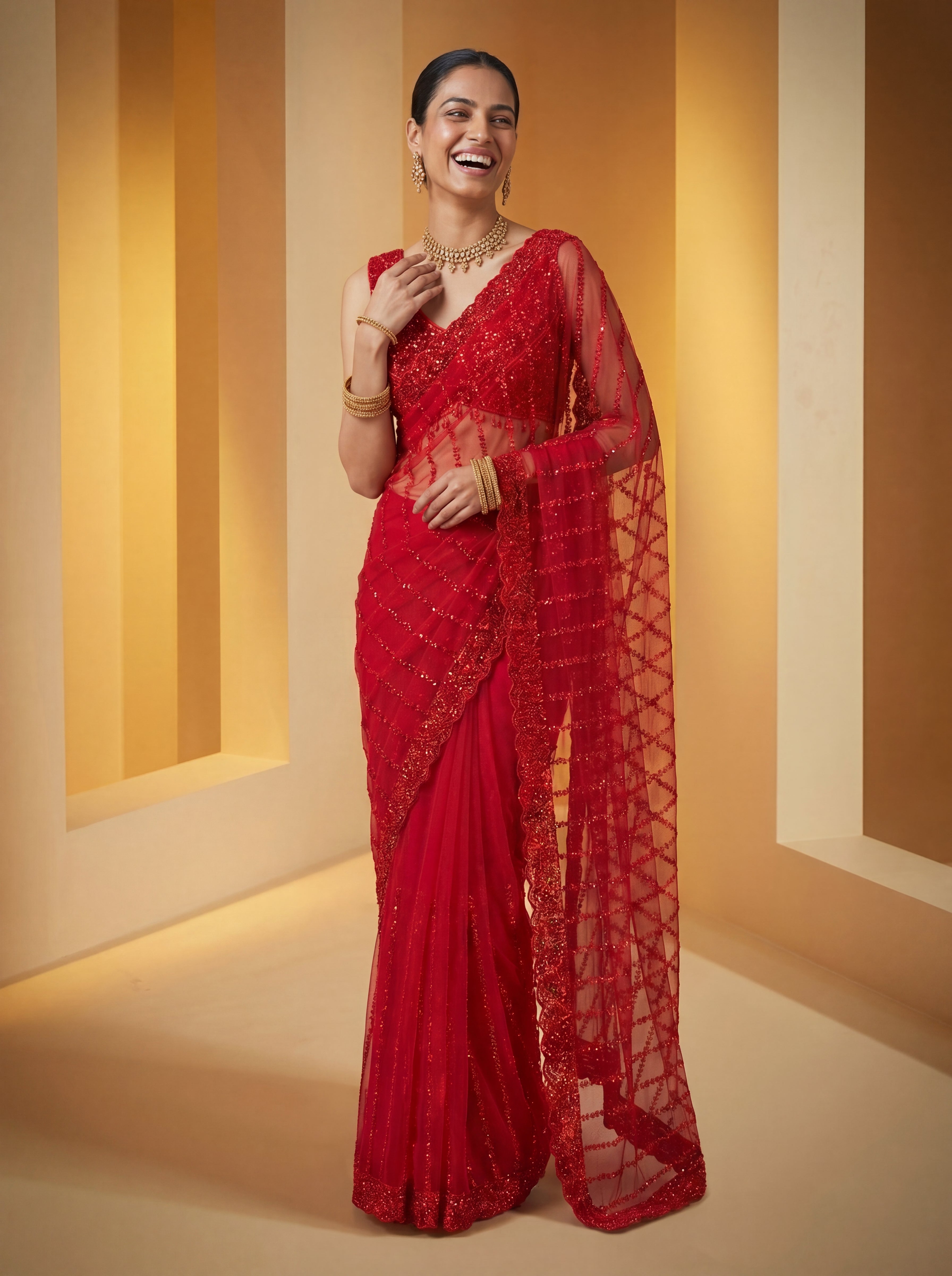 Elegant Midnight Red Designer Saree with Intricate Embroidery & Beads Work