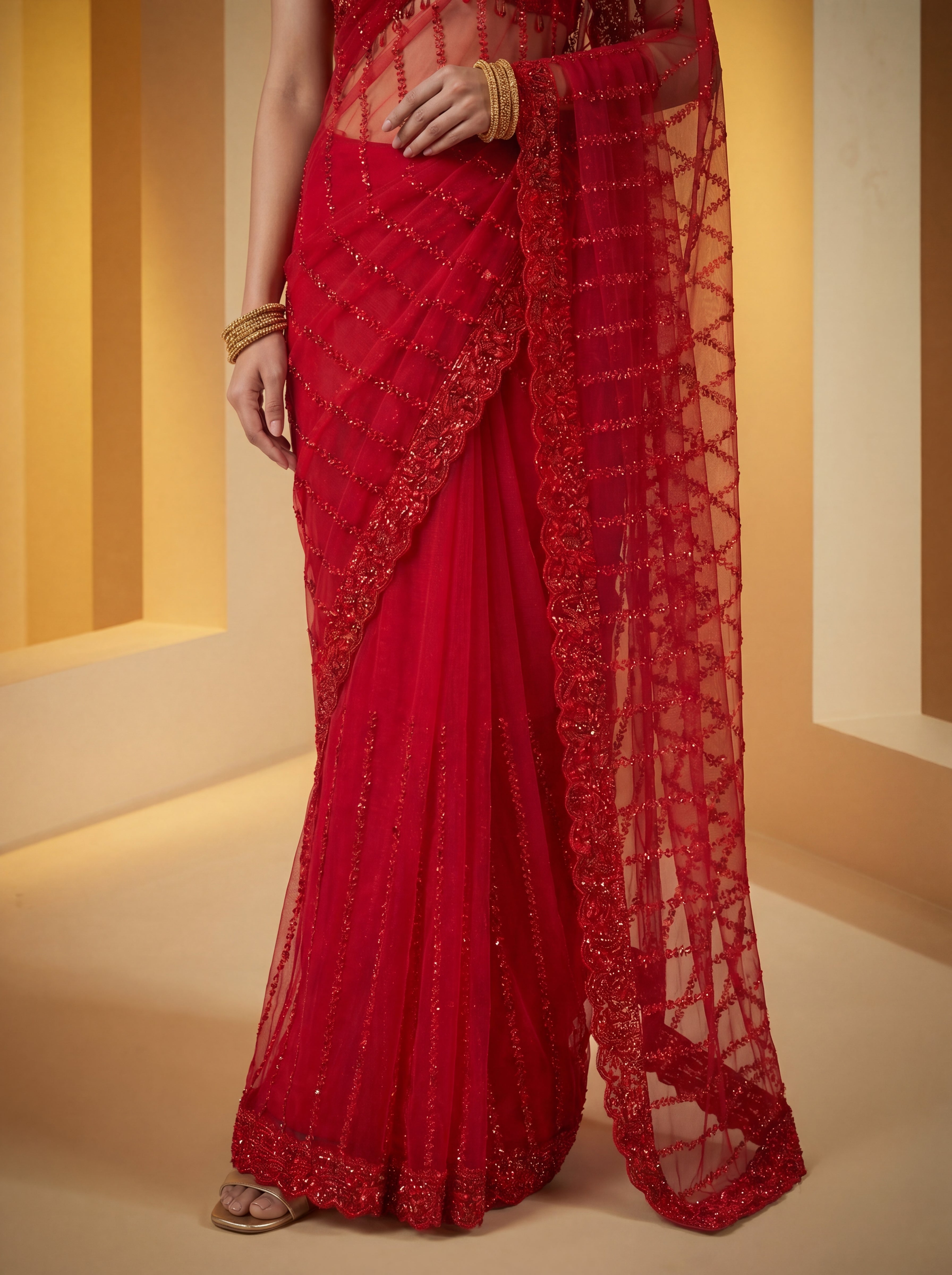 Elegant Midnight Red Designer Saree with Intricate Embroidery & Beads Work