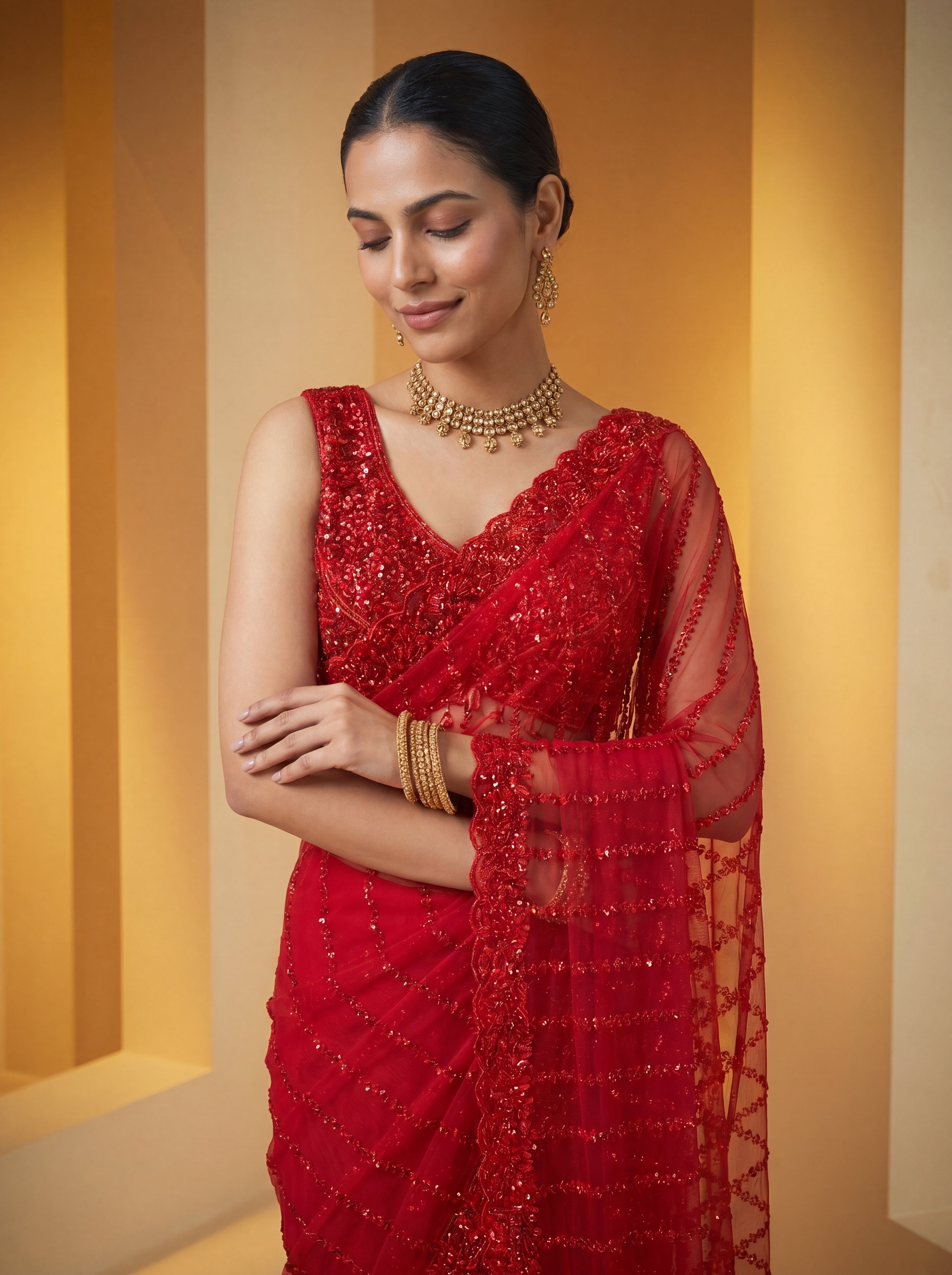 Elegant Midnight Red Designer Saree with Intricate Embroidery & Beads Work