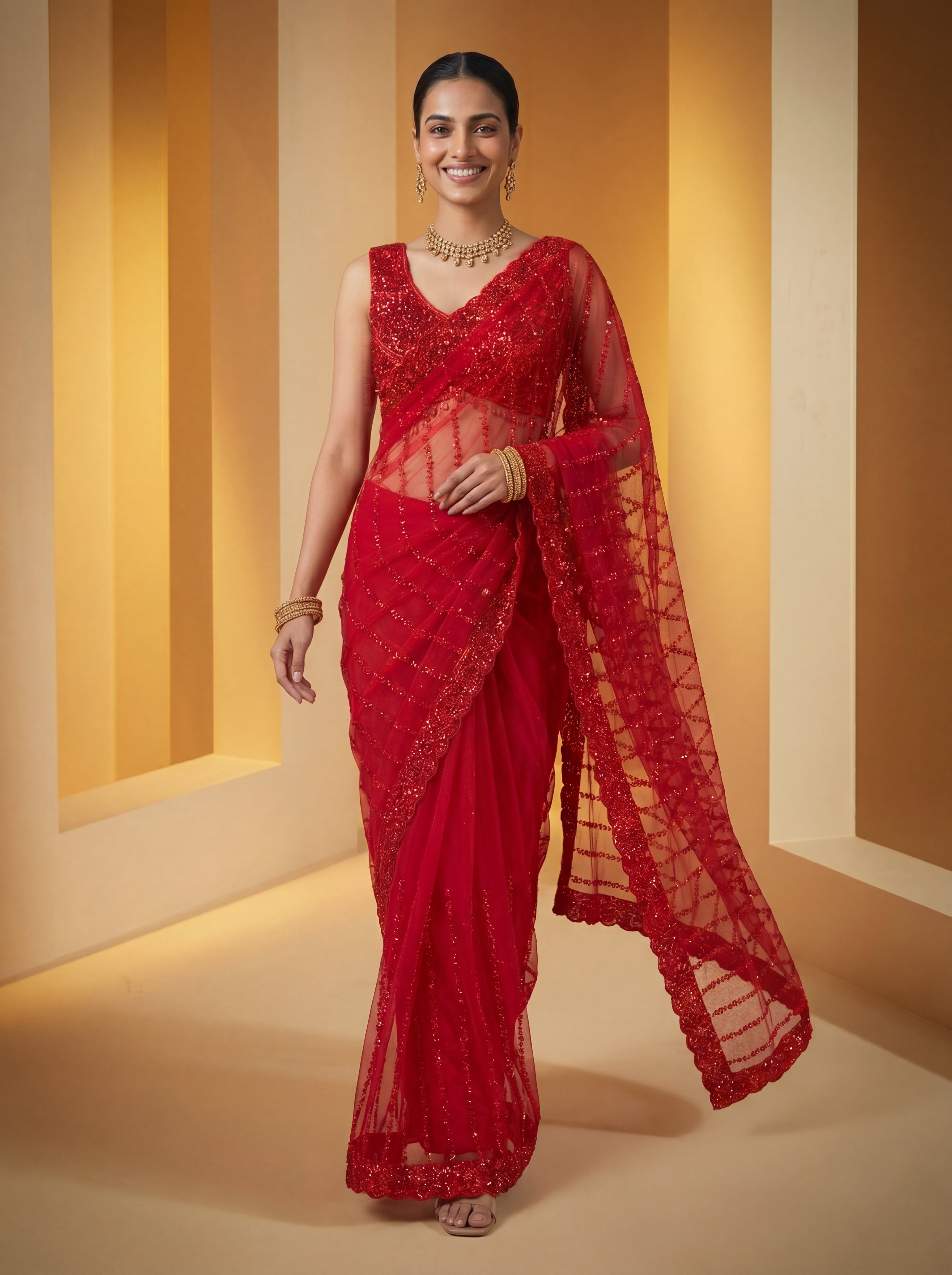 Elegant Midnight Red Designer Saree with Intricate Embroidery & Beads Work