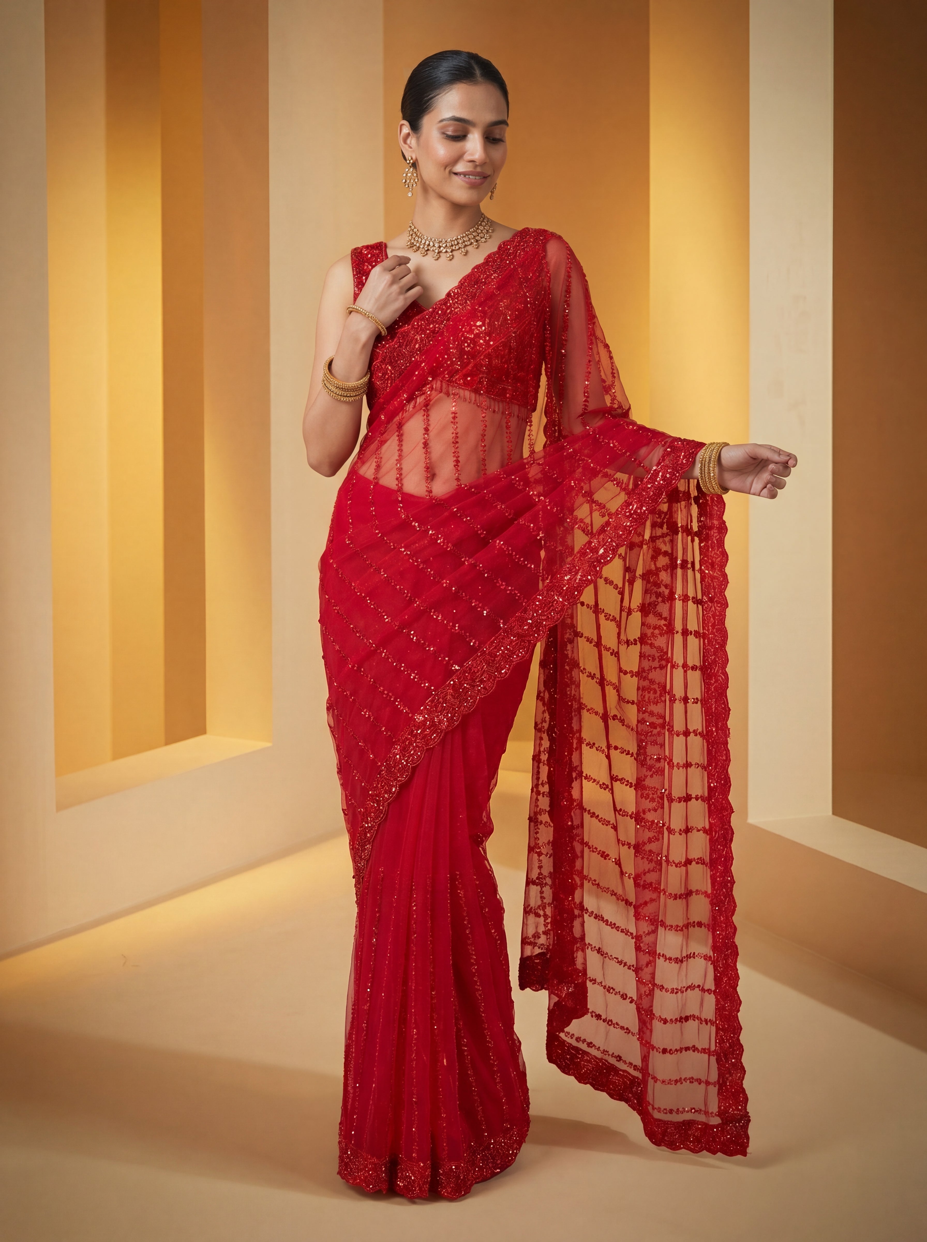 Elegant Midnight Red Designer Saree with Intricate Embroidery & Beads Work