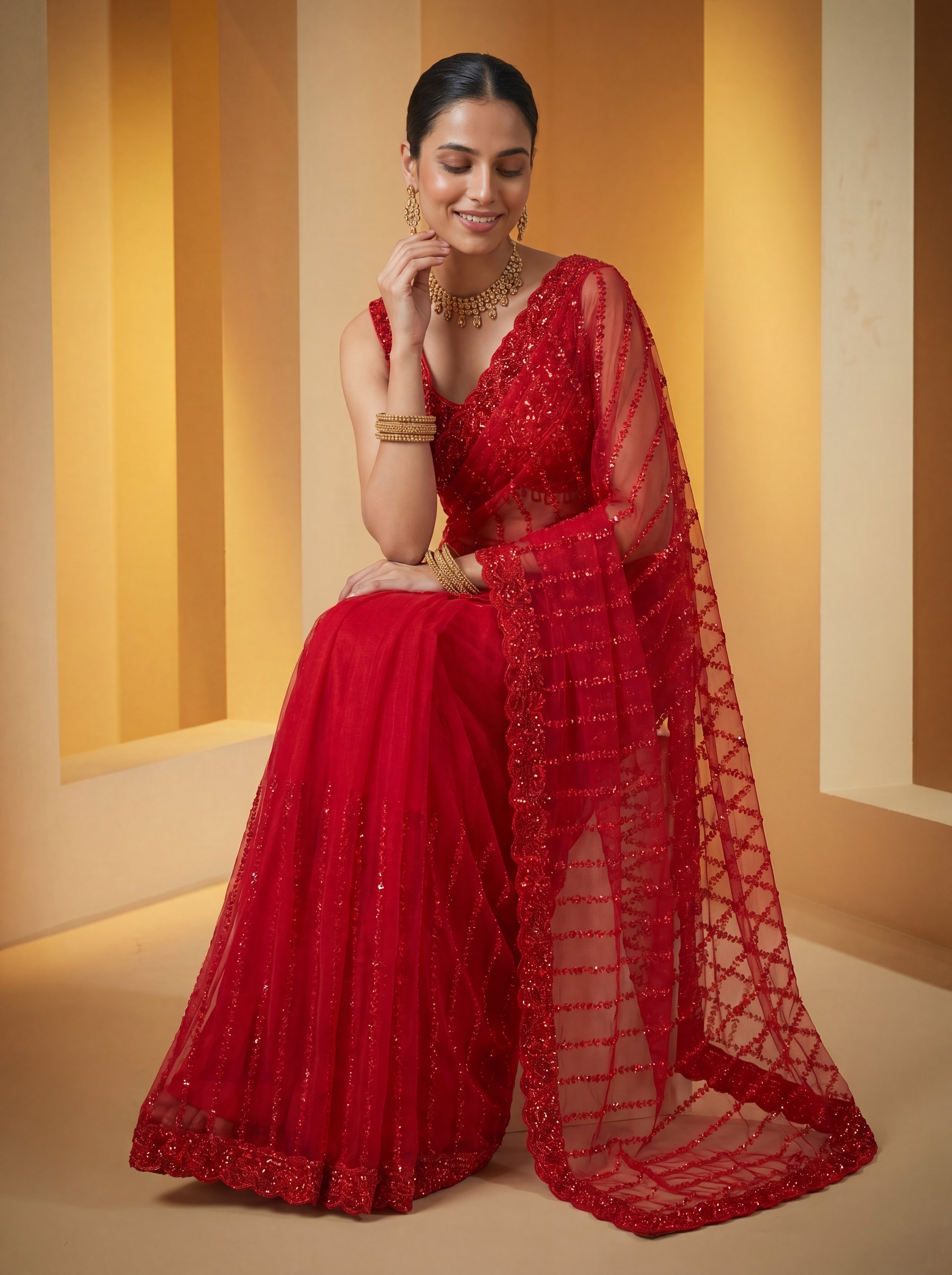 Elegant Midnight Red Designer Saree with Intricate Embroidery & Beads Work