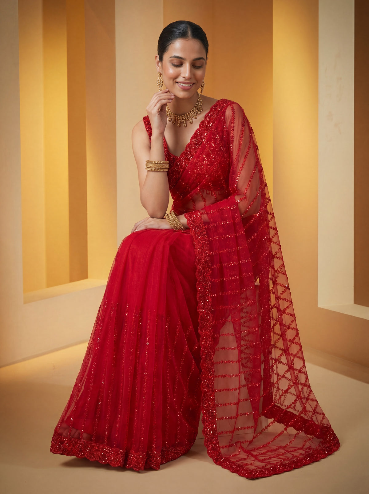 Elegant Midnight Red Designer Saree with Intricate Embroidery & Beads Work