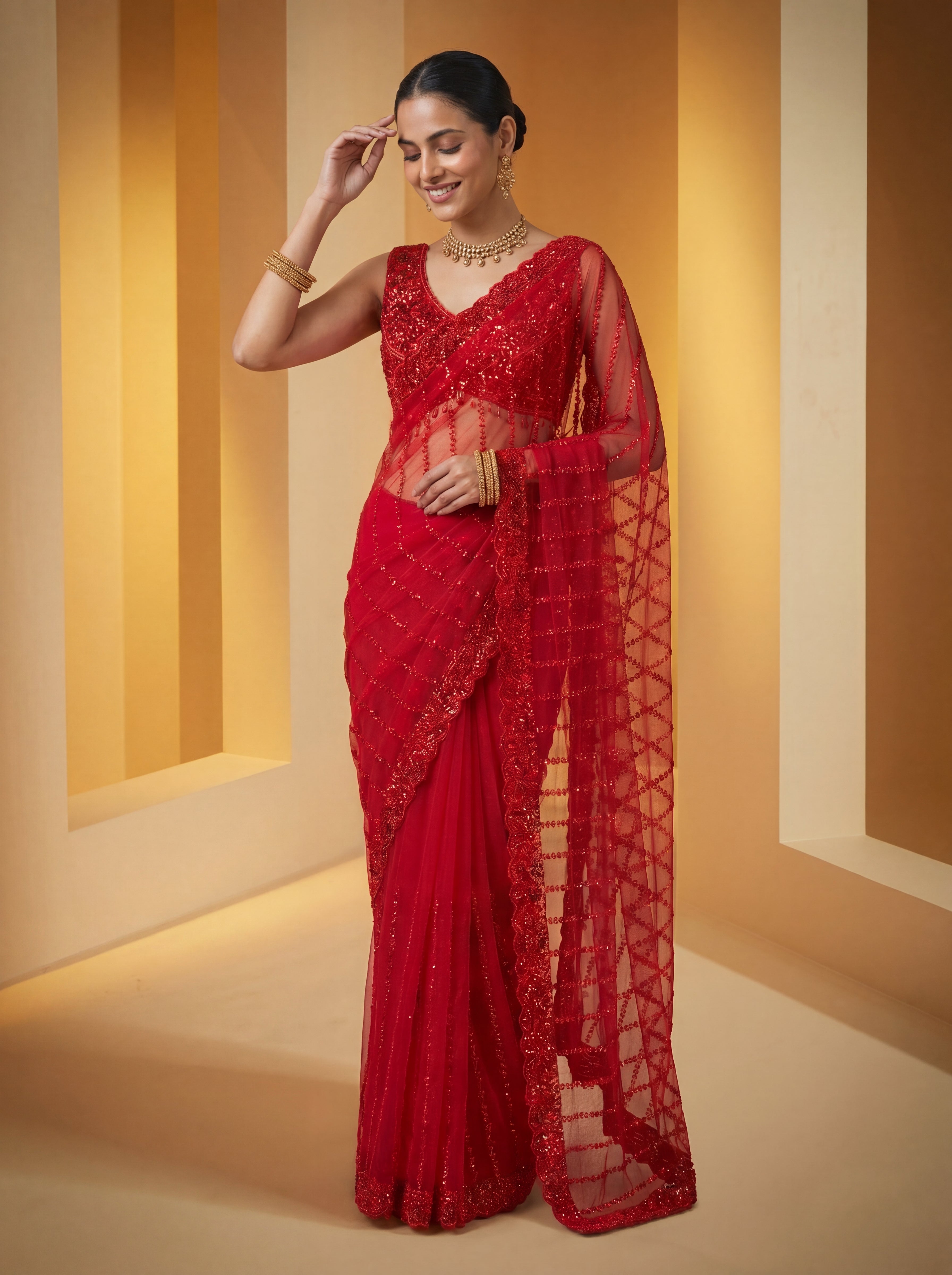 Elegant Midnight Red Designer Saree with Intricate Embroidery & Beads Work