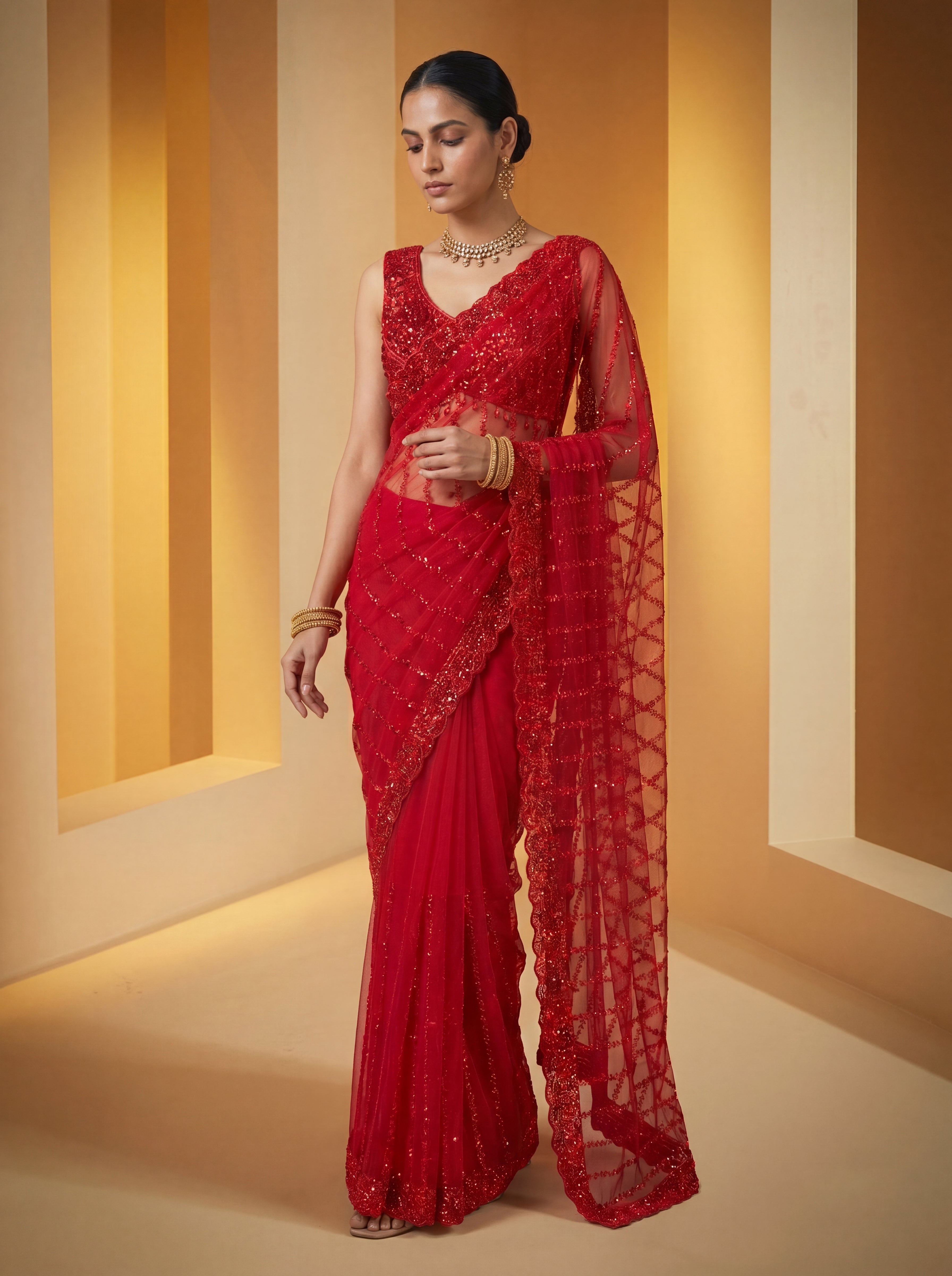 Elegant Midnight Red Designer Saree with Intricate Embroidery & Beads Work