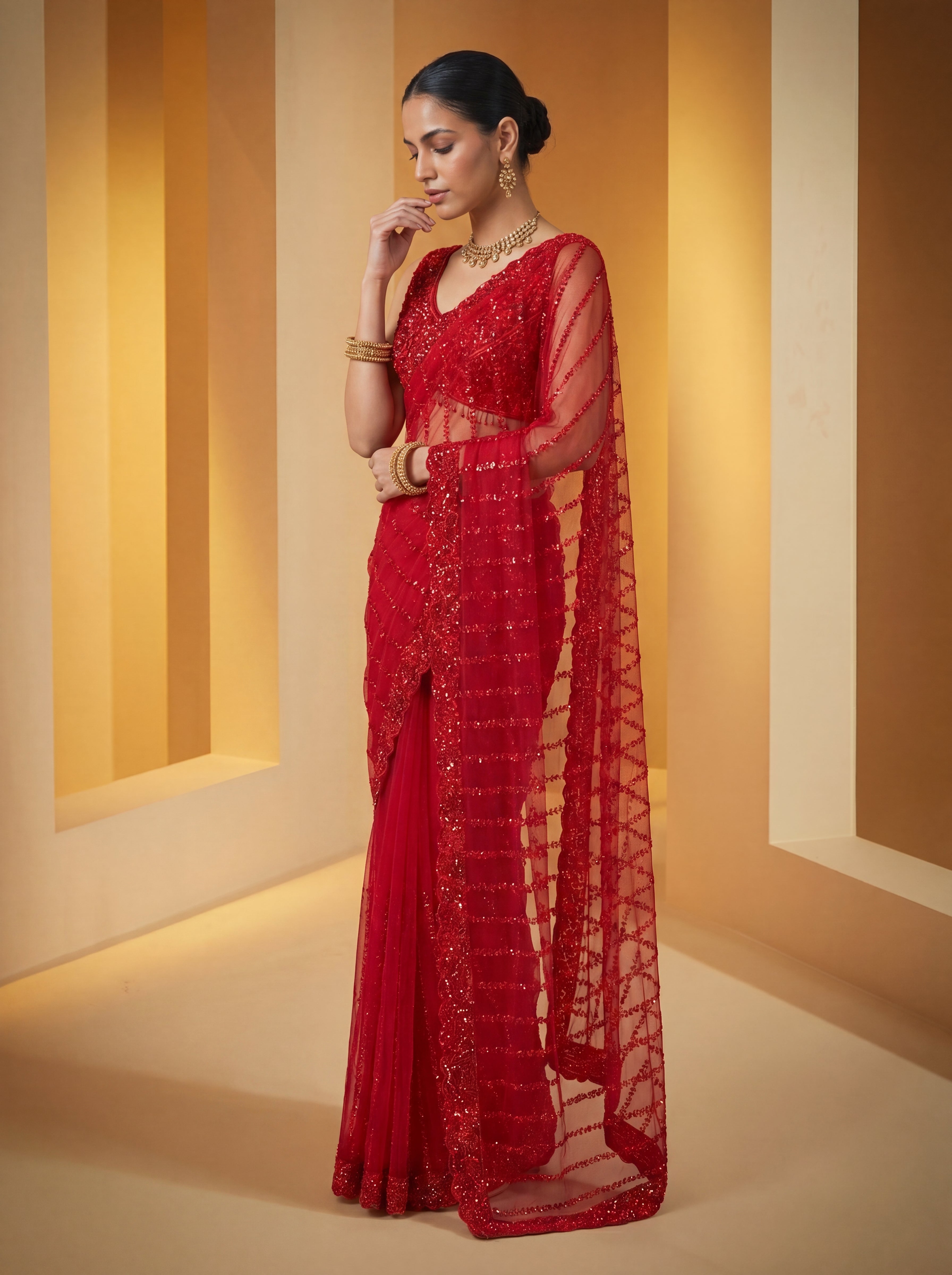 Elegant Midnight Red Designer Saree with Intricate Embroidery & Beads Work