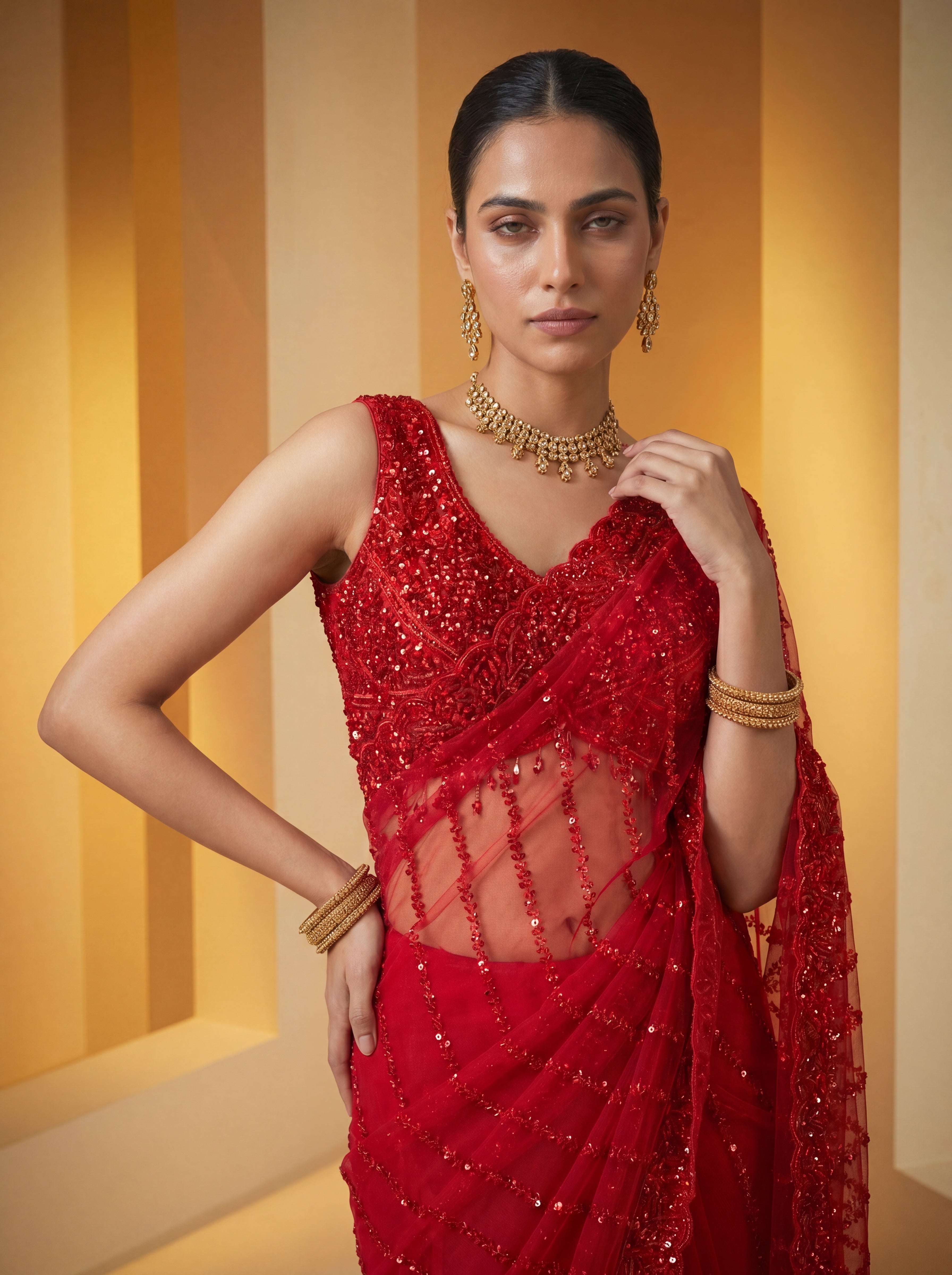 Elegant Midnight Red Designer Saree with Intricate Embroidery & Beads Work