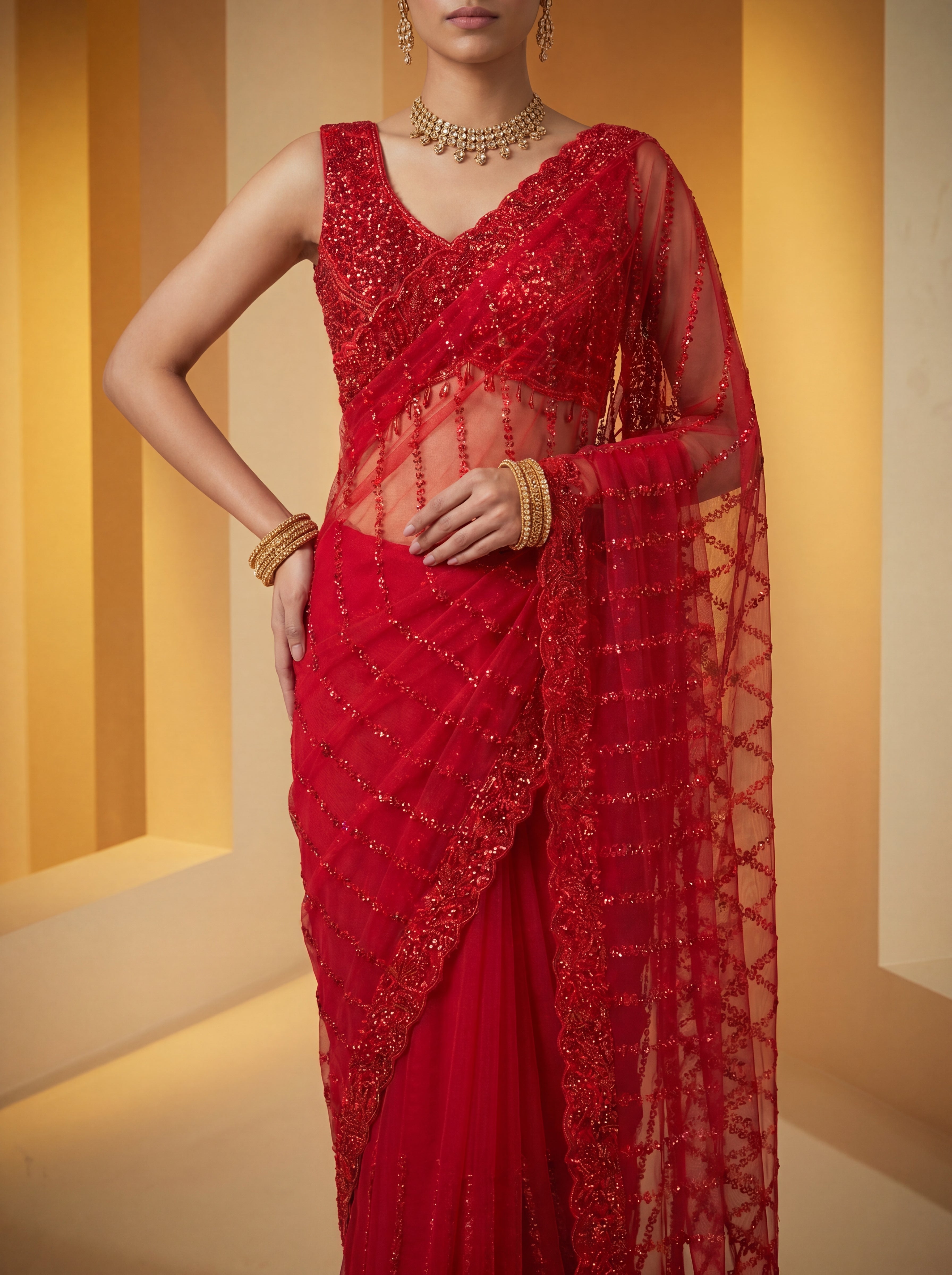 Elegant Midnight Red Designer Saree with Intricate Embroidery & Beads Work
