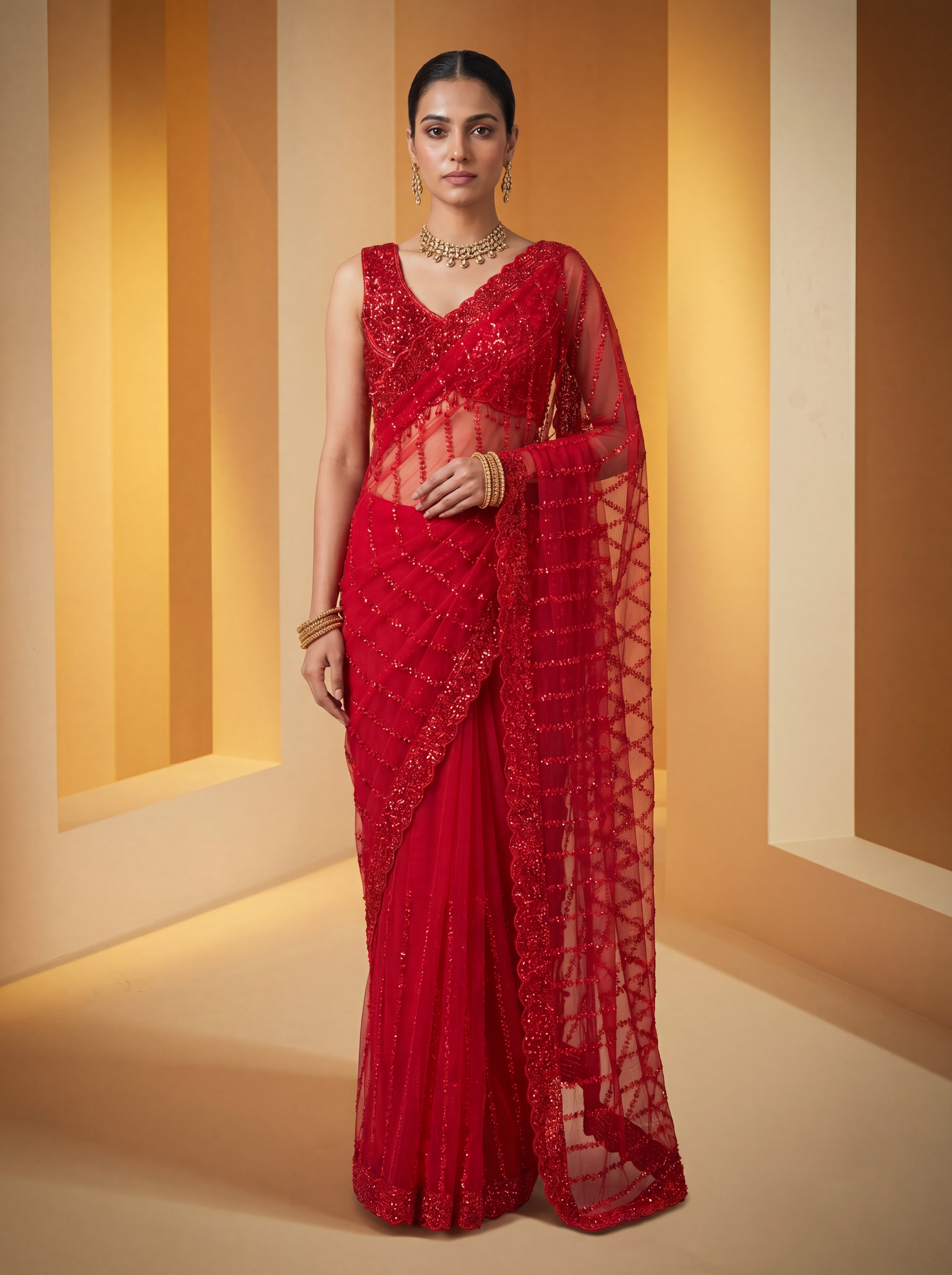 Elegant Midnight Red Designer Saree with Intricate Embroidery & Beads Work