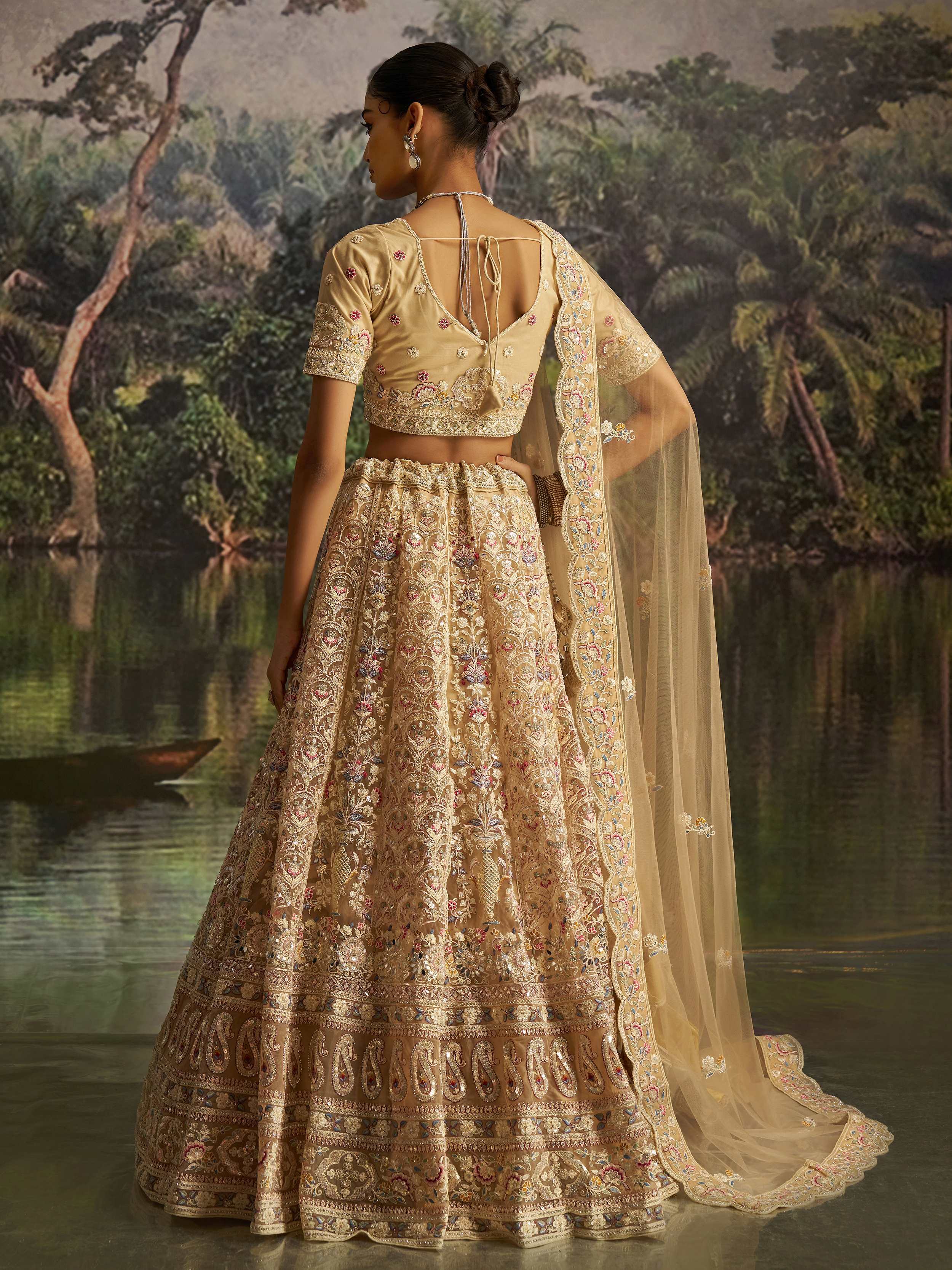Cream Net Dori Embroidered Engagement Wear Lehenga Choli for Women