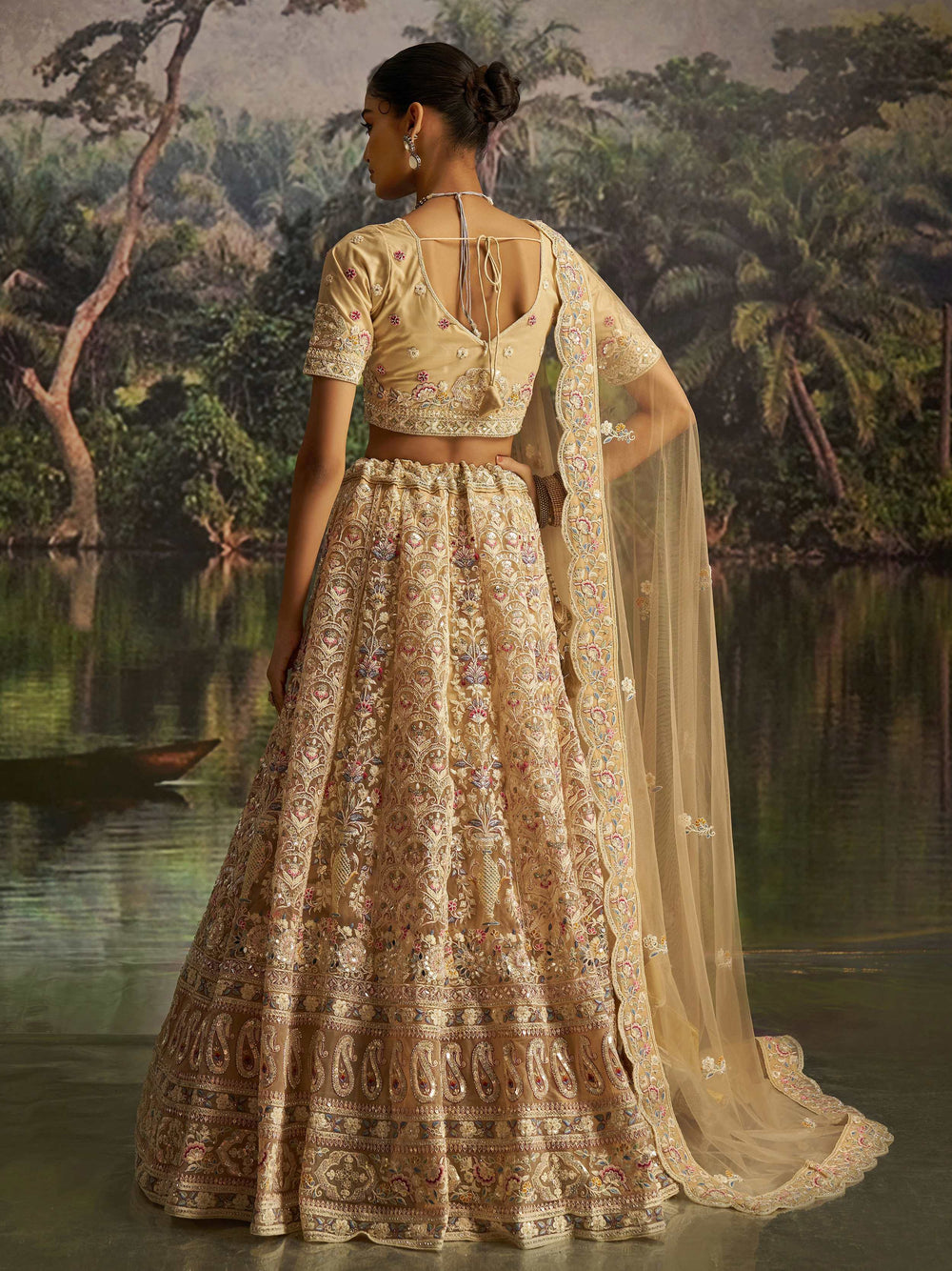 Cream Net Dori Embroidered Engagement Wear Lehenga Choli for Women