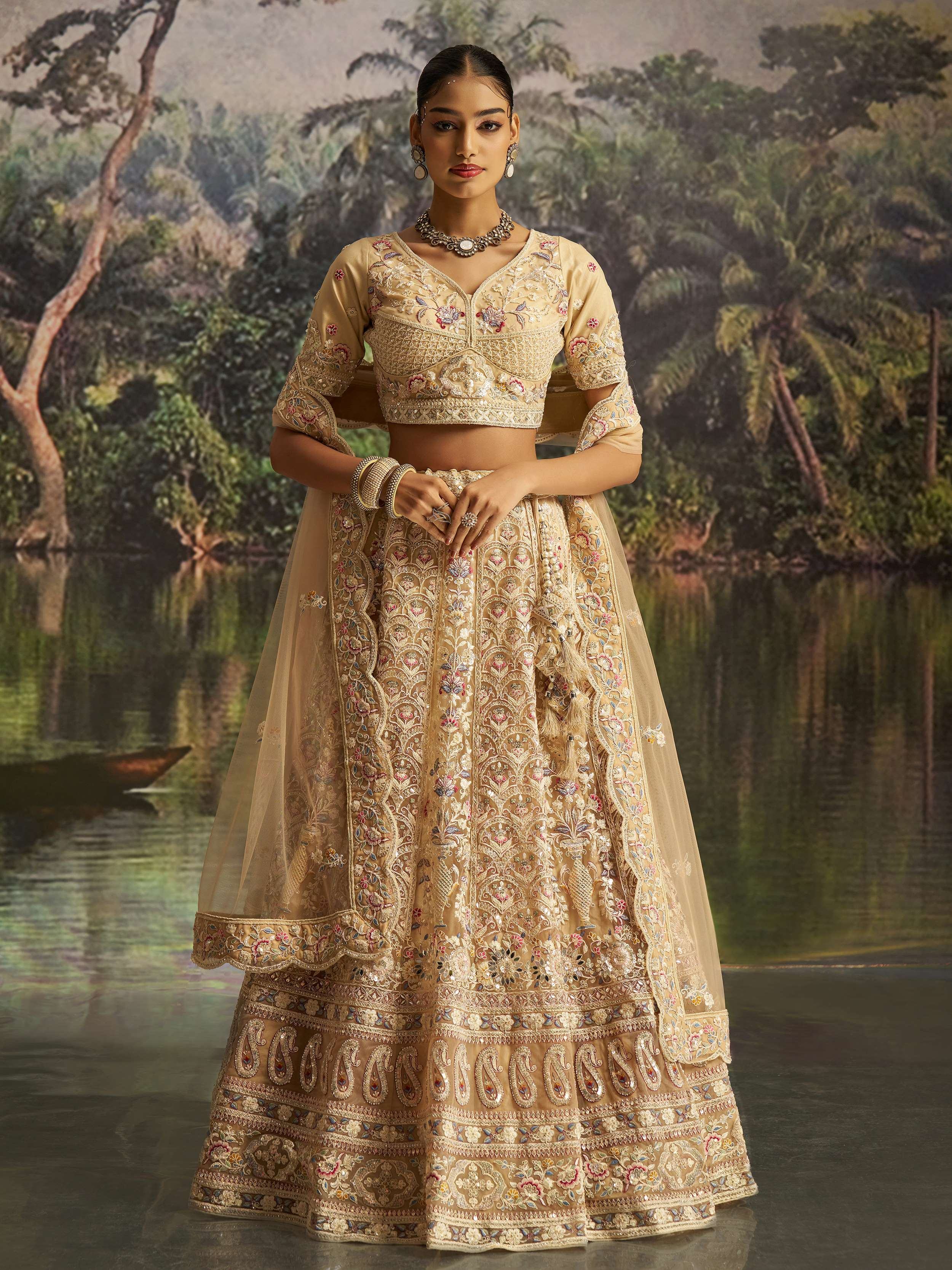 Cream Net Dori Embroidered Engagement Wear Lehenga Choli for Women
