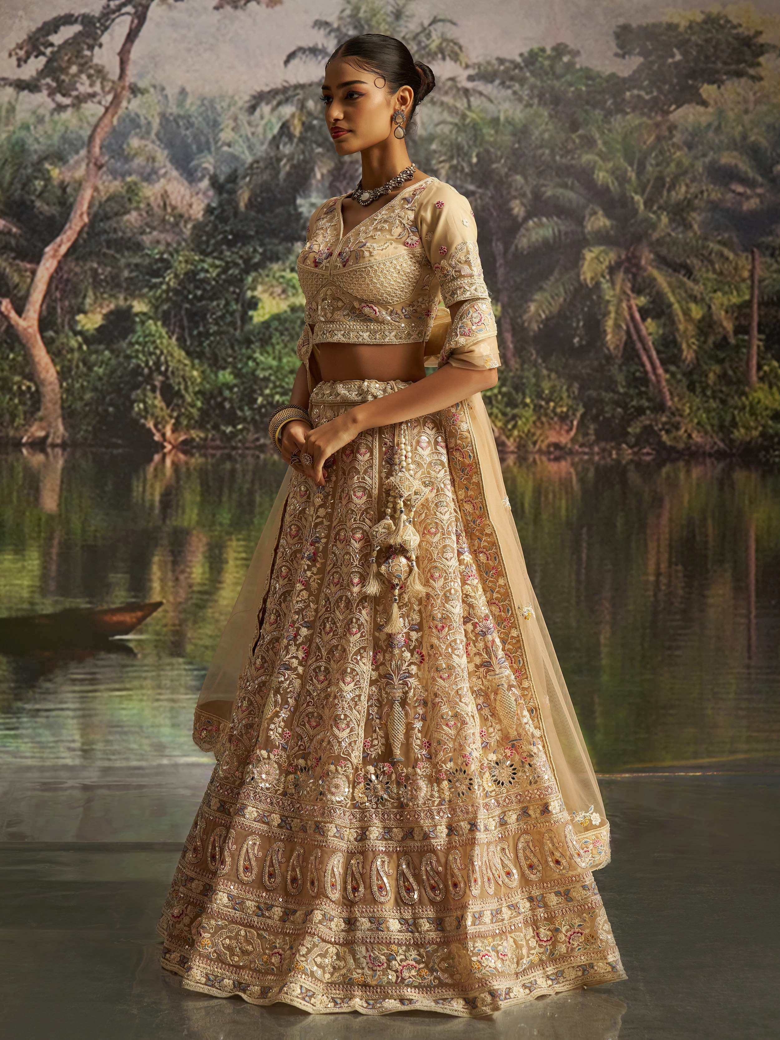 Cream Net Dori Embroidered Engagement Wear Lehenga Choli for Women
