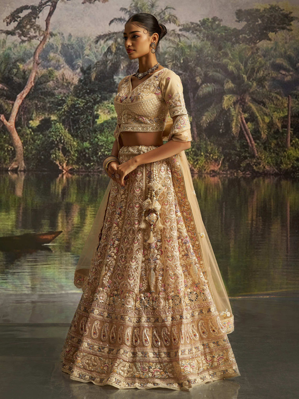 Cream Net Dori Embroidered Engagement Wear Lehenga Choli for Women