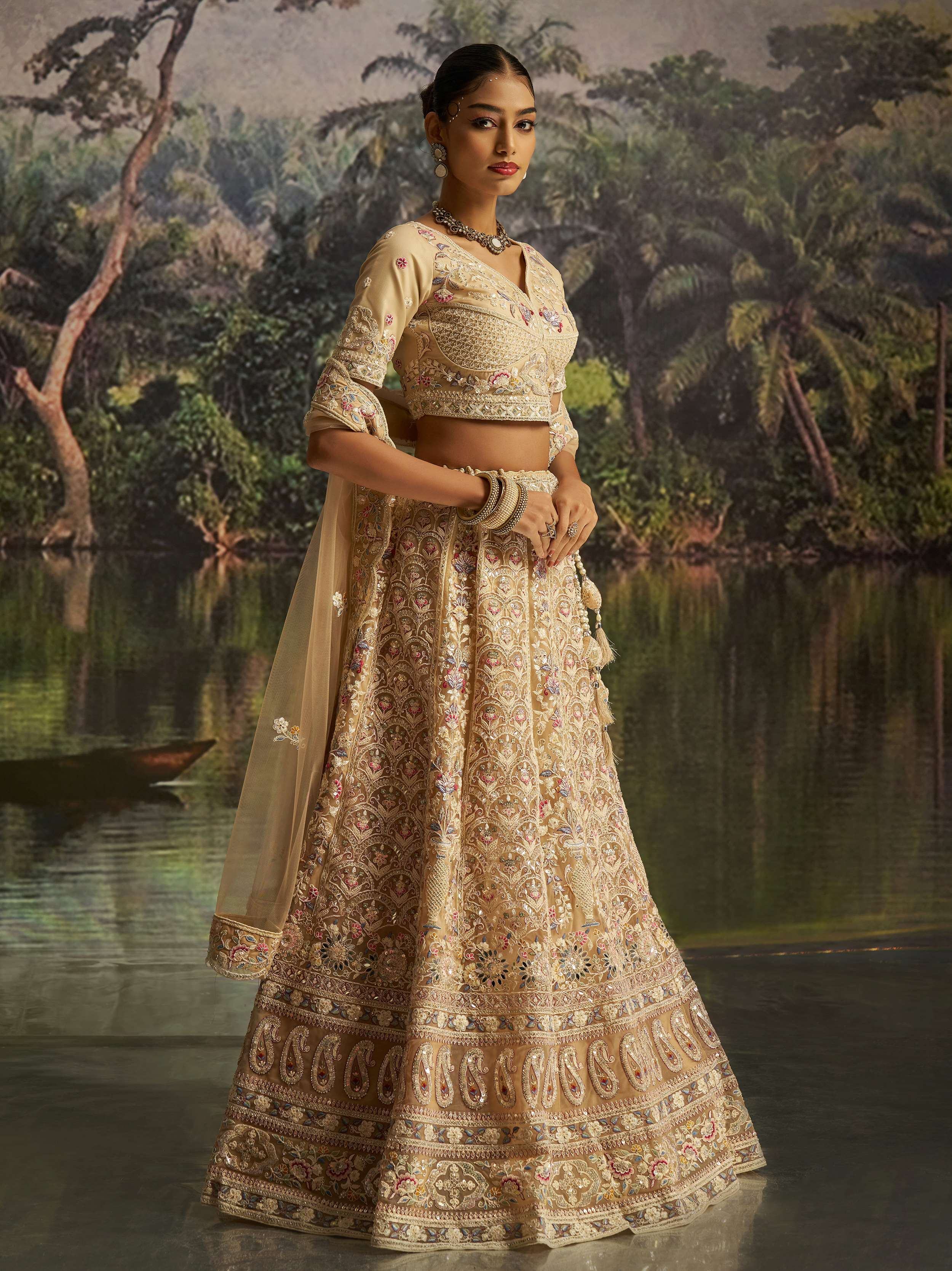Cream Net Dori Embroidered Engagement Wear Lehenga Choli for Women