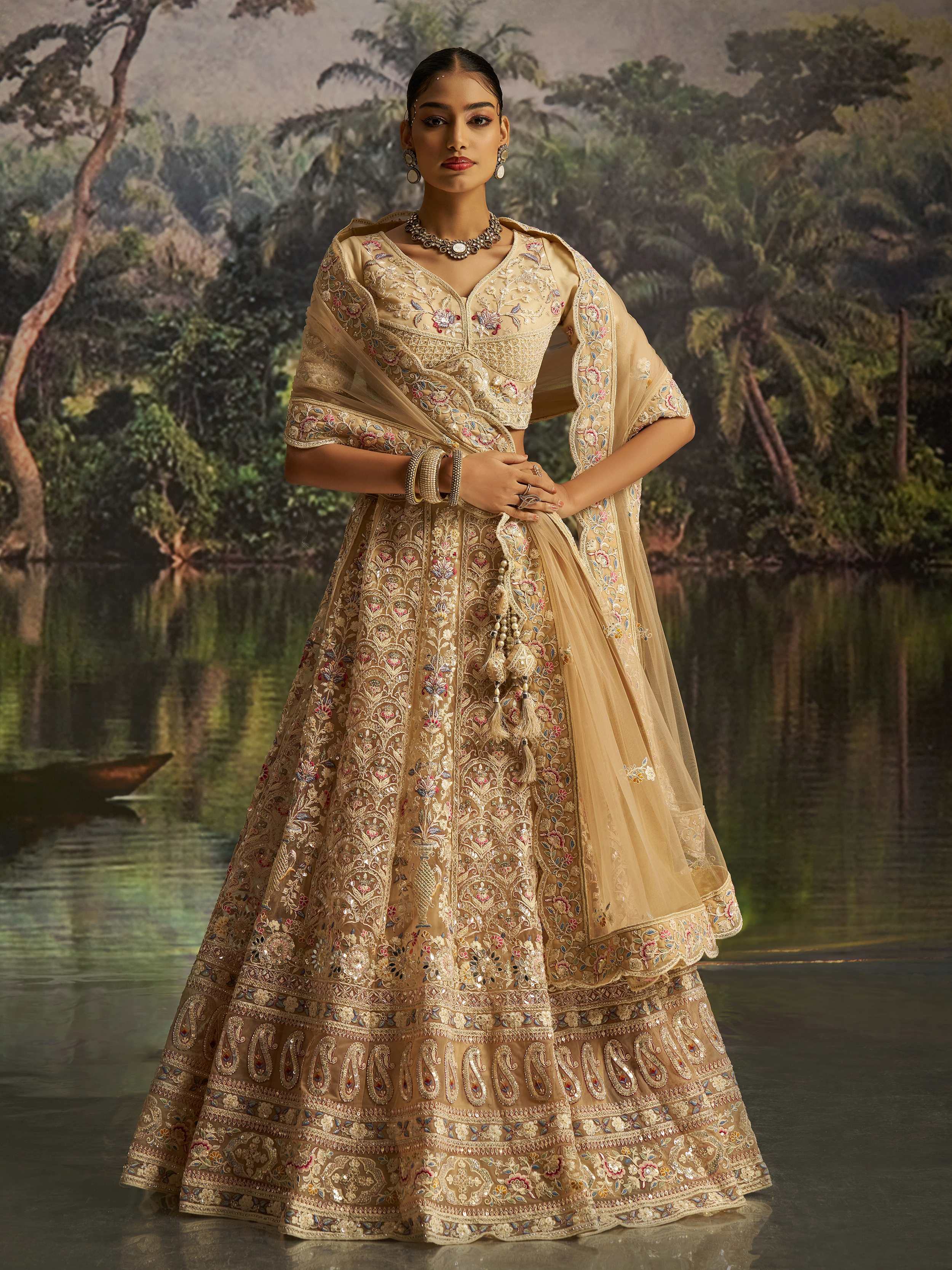 Cream Net Dori Embroidered Engagement Wear Lehenga Choli for Women