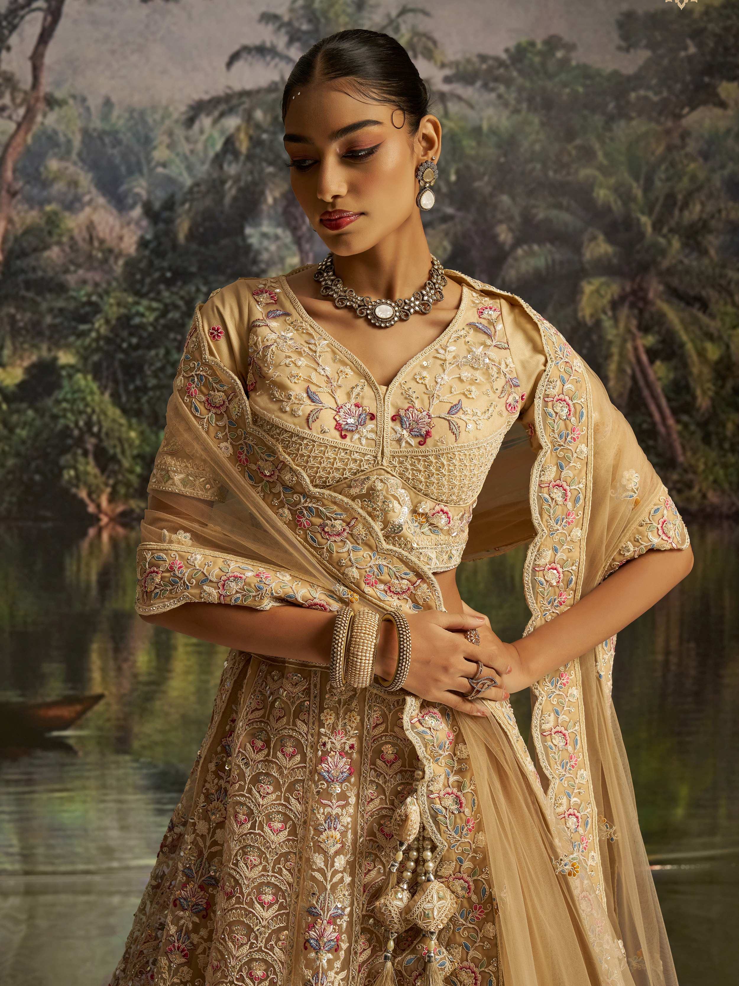 Cream Net Dori Embroidered Engagement Wear Lehenga Choli for Women
