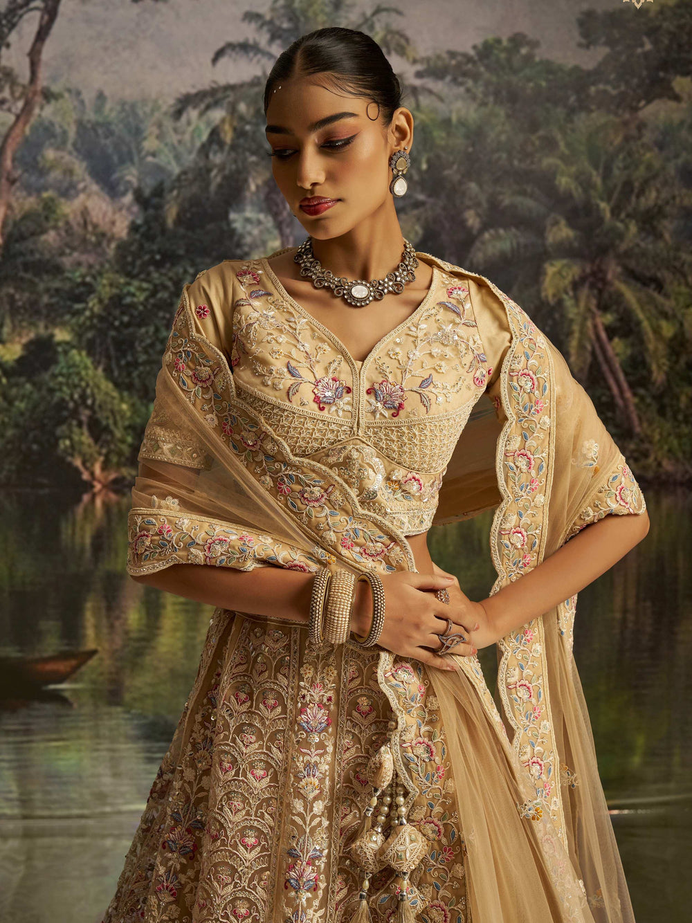 Cream Net Dori Embroidered Engagement Wear Lehenga Choli for Women