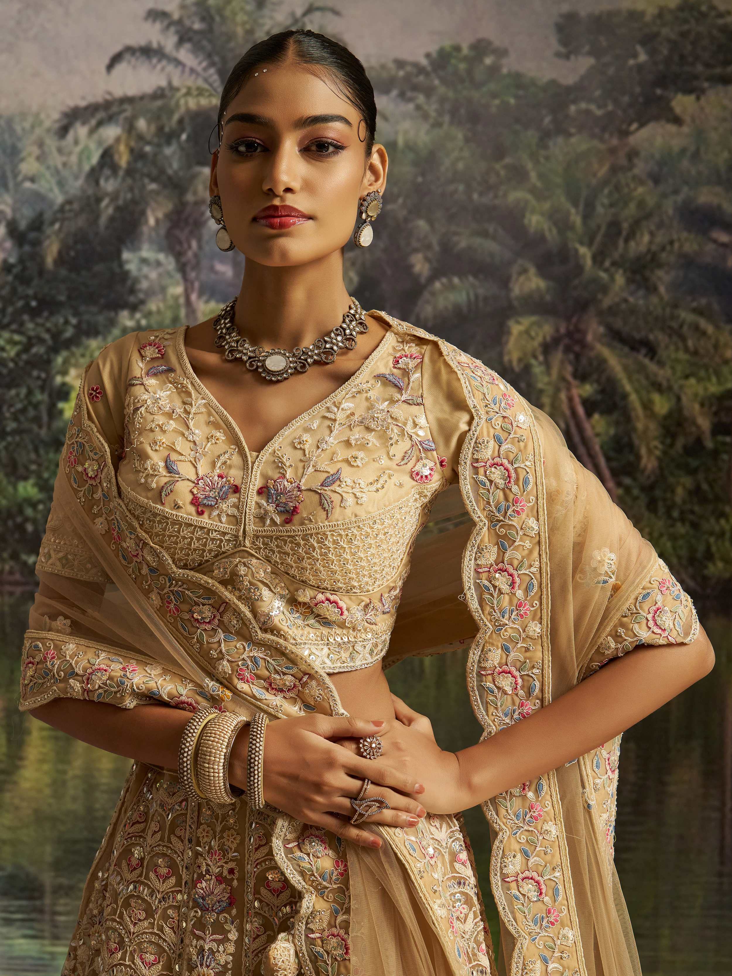 Cream Net Dori Embroidered Engagement Wear Lehenga Choli for Women