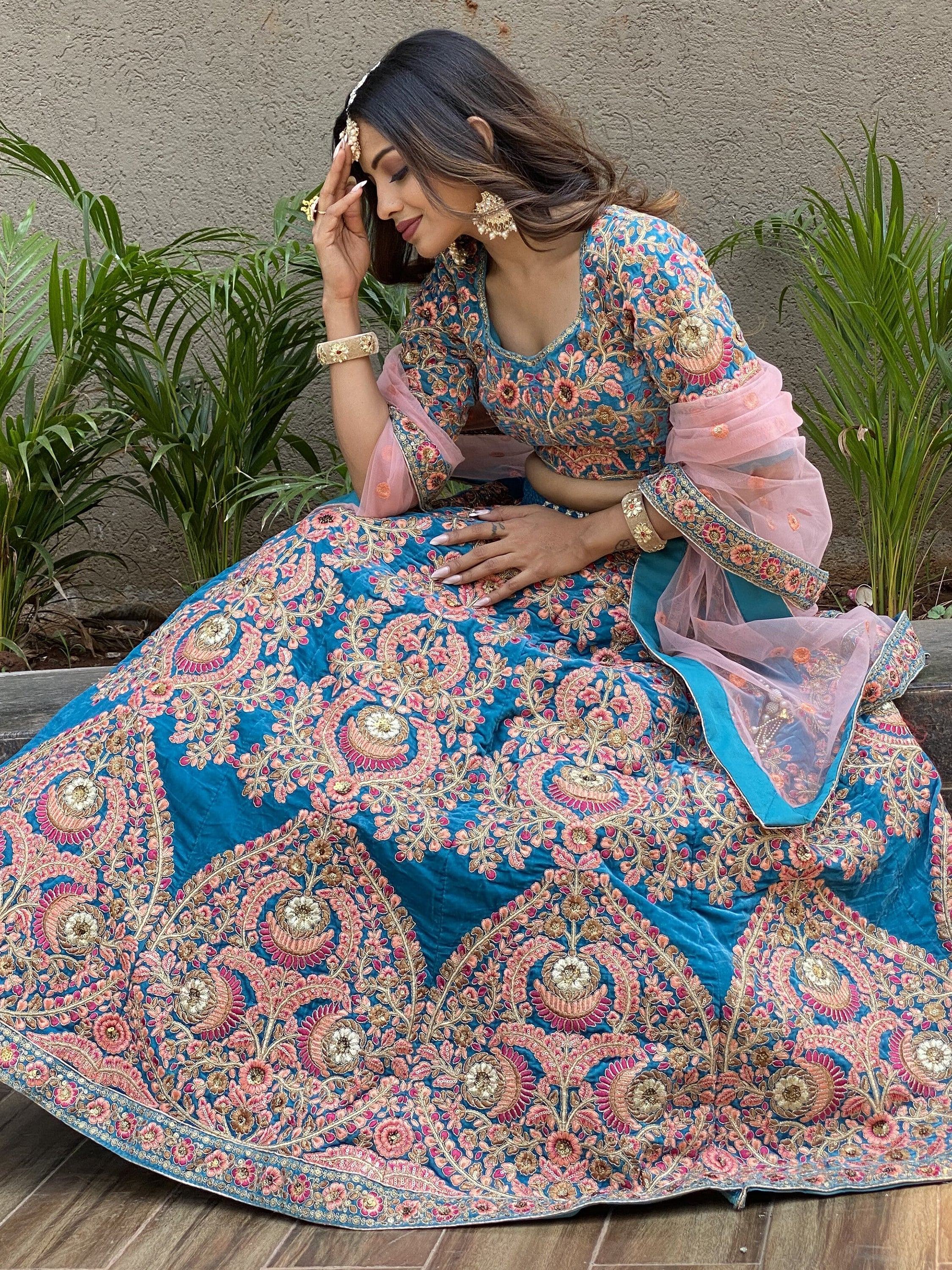 Embroidered velvet lehenga choli with zari sequins work for wedding and bridal occasions