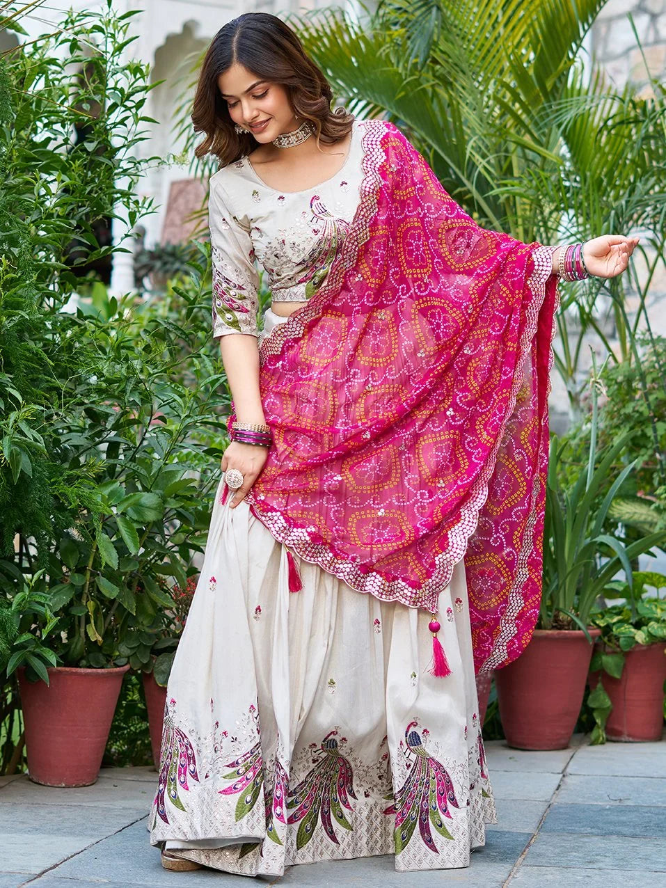 Off White Ravishing Pure Tissue Silk Sequins Work Lehenga Choli for Women