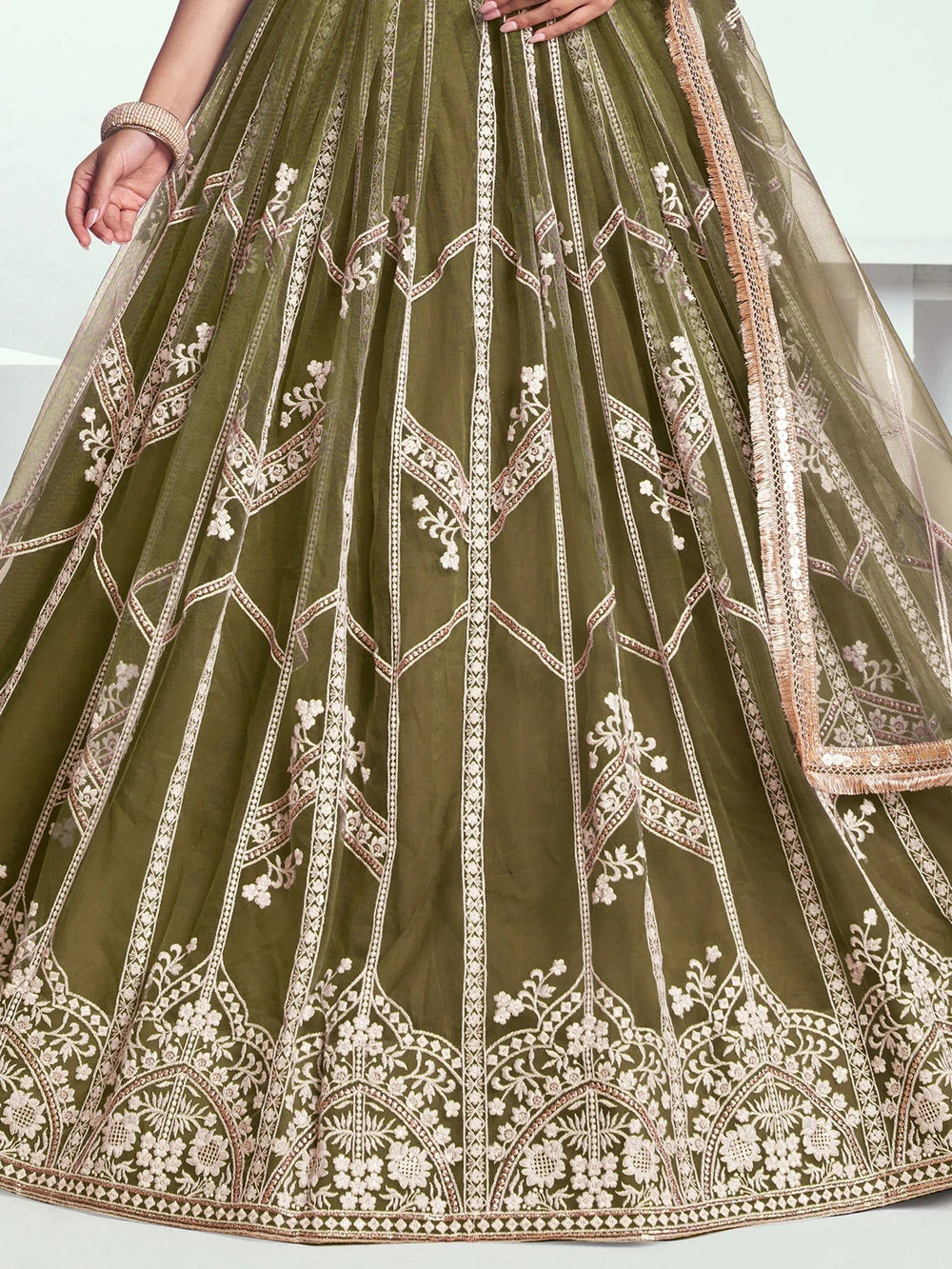 Olive Slate Embroidered Net Engagement Wear Lehenga Choli for Women
