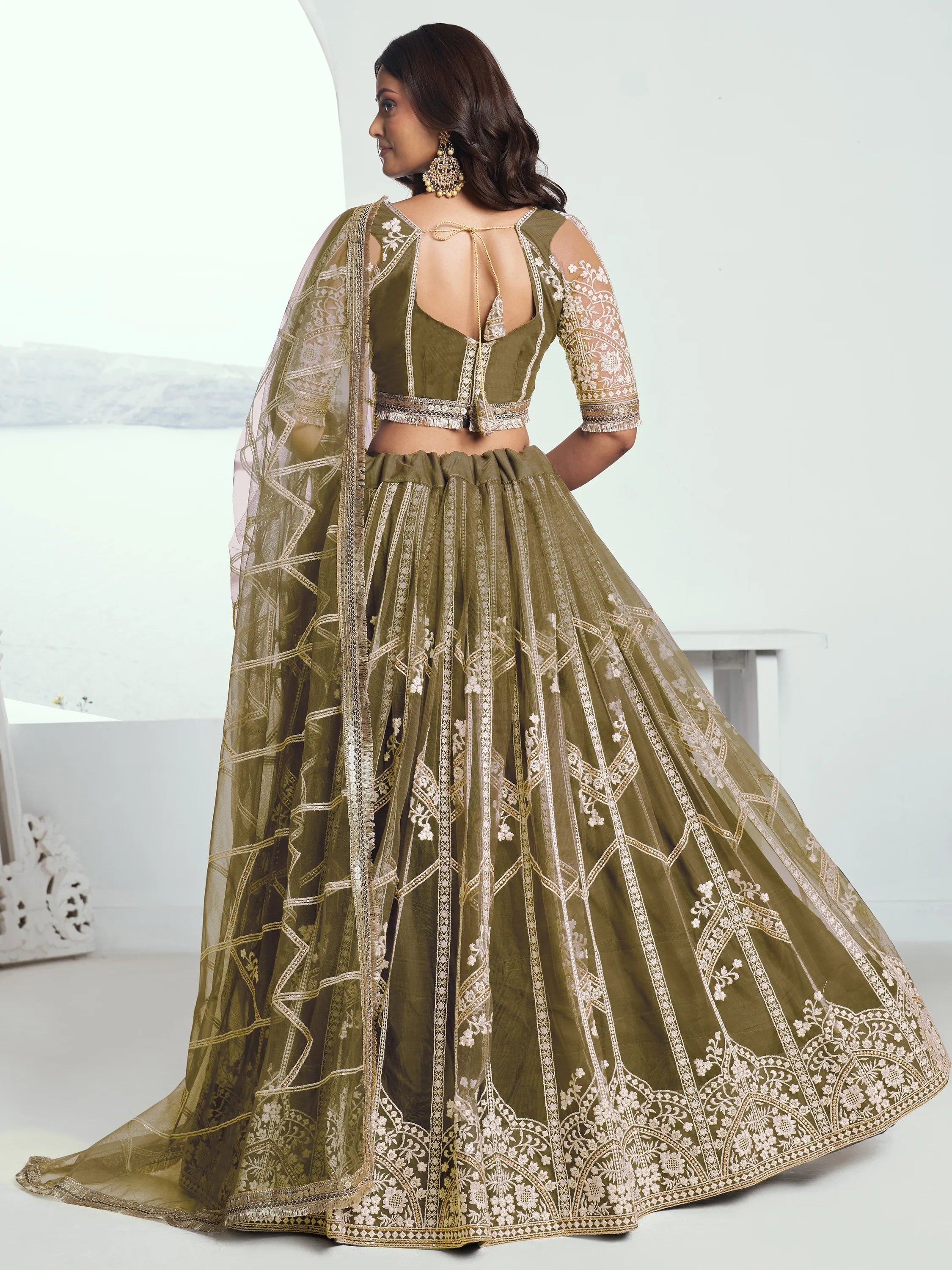Olive Slate Embroidered Net Engagement Wear Lehenga Choli for Women