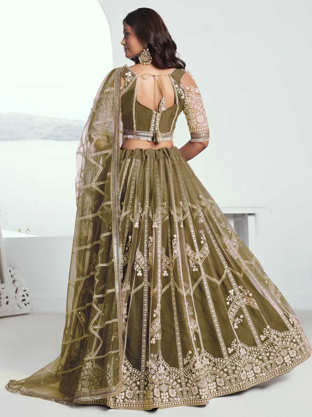 Olive Slate Embroidered Net Engagement Wear Lehenga Choli for Women