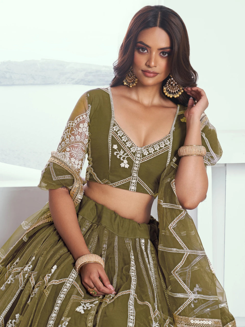Olive Slate Embroidered Net Engagement Wear Lehenga Choli for Women