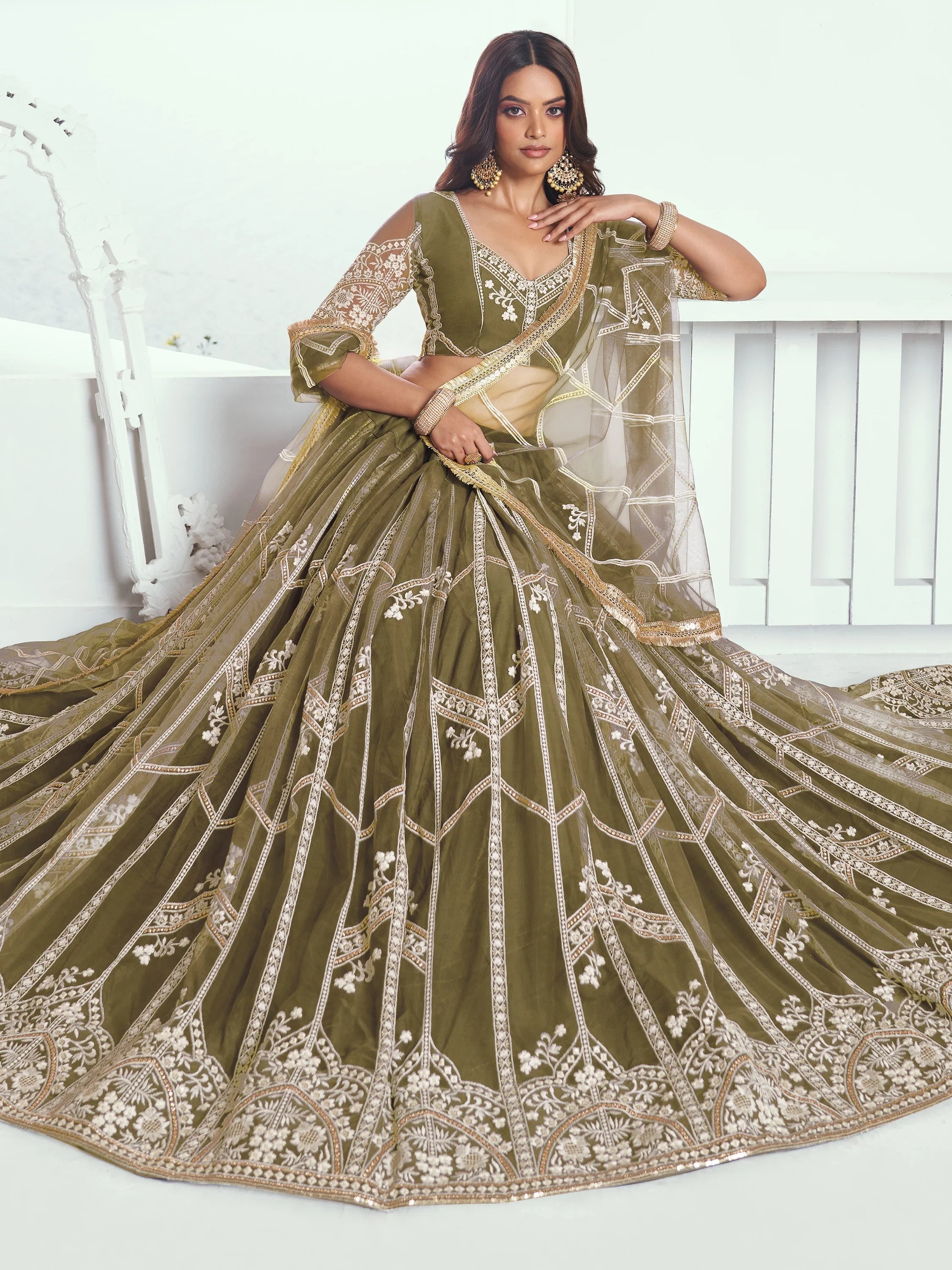 Olive Slate Embroidered Net Engagement Wear Lehenga Choli for Women