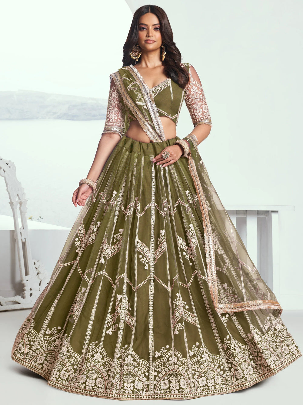 Olive Slate Embroidered Net Engagement Wear Lehenga Choli for Women