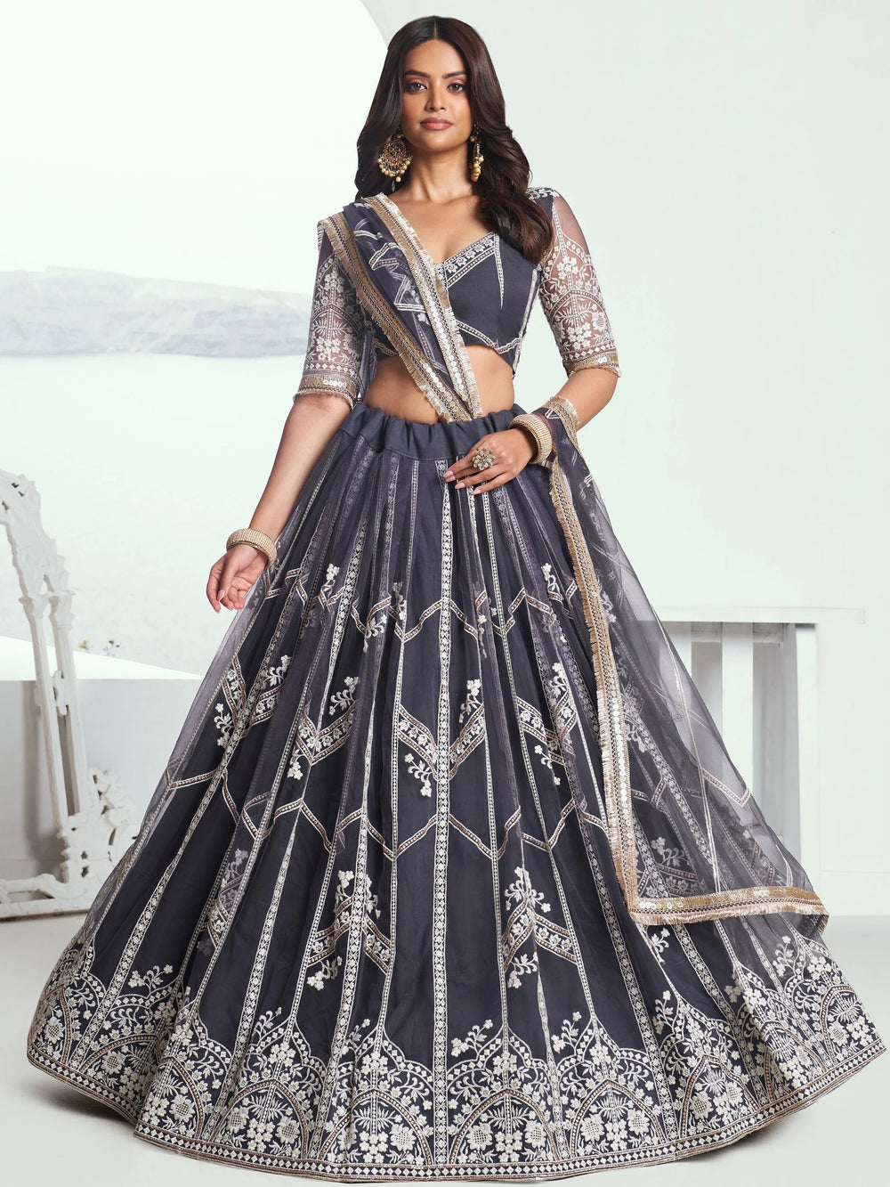 Grey Slate Embroidered Net Engagement Wear Lehenga Choli for Women