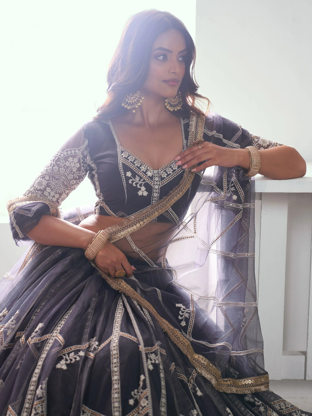 Grey Slate Embroidered Net Engagement Wear Lehenga Choli for Women