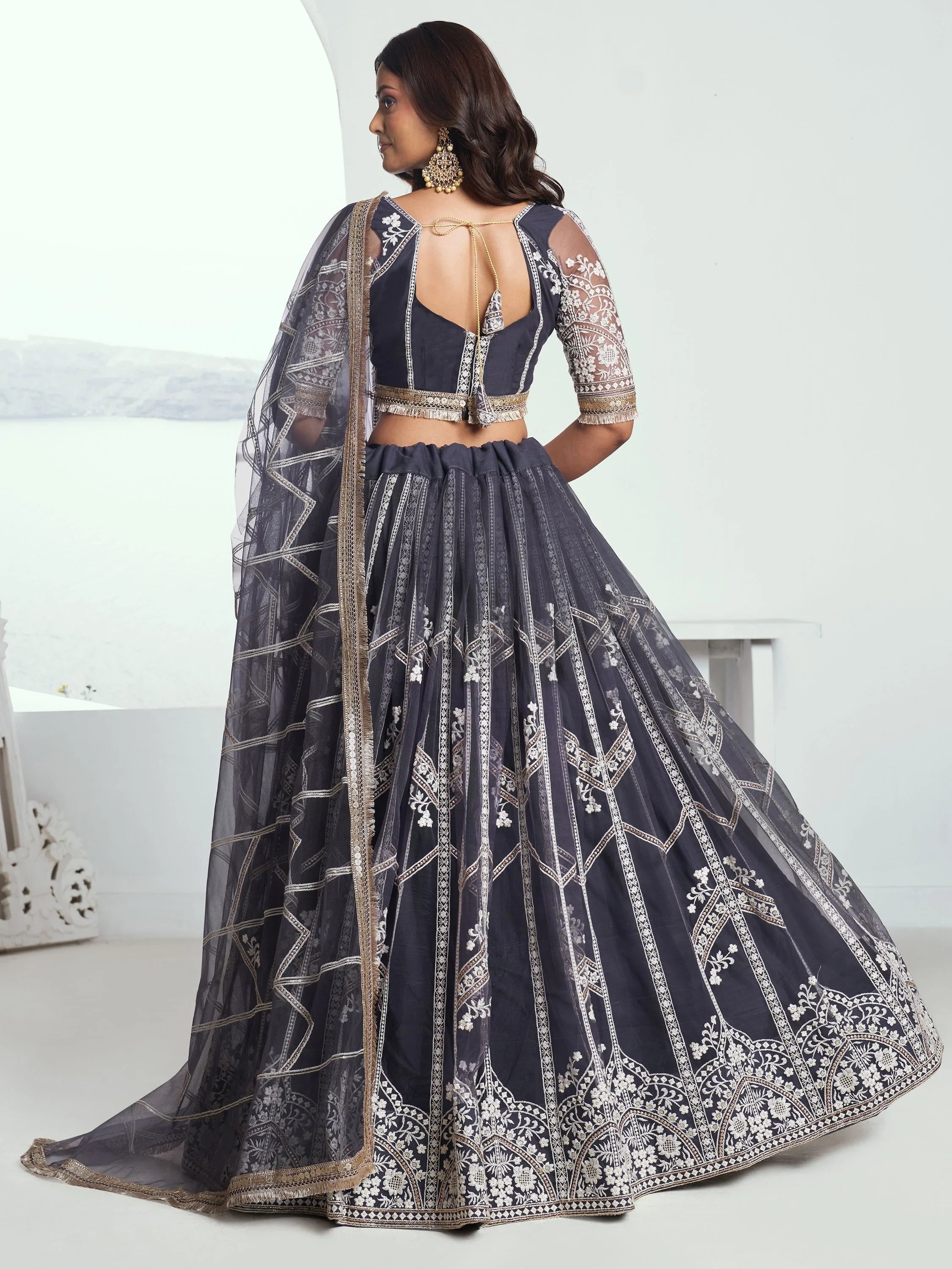 Grey Slate Embroidered Net Engagement Wear Lehenga Choli for Women