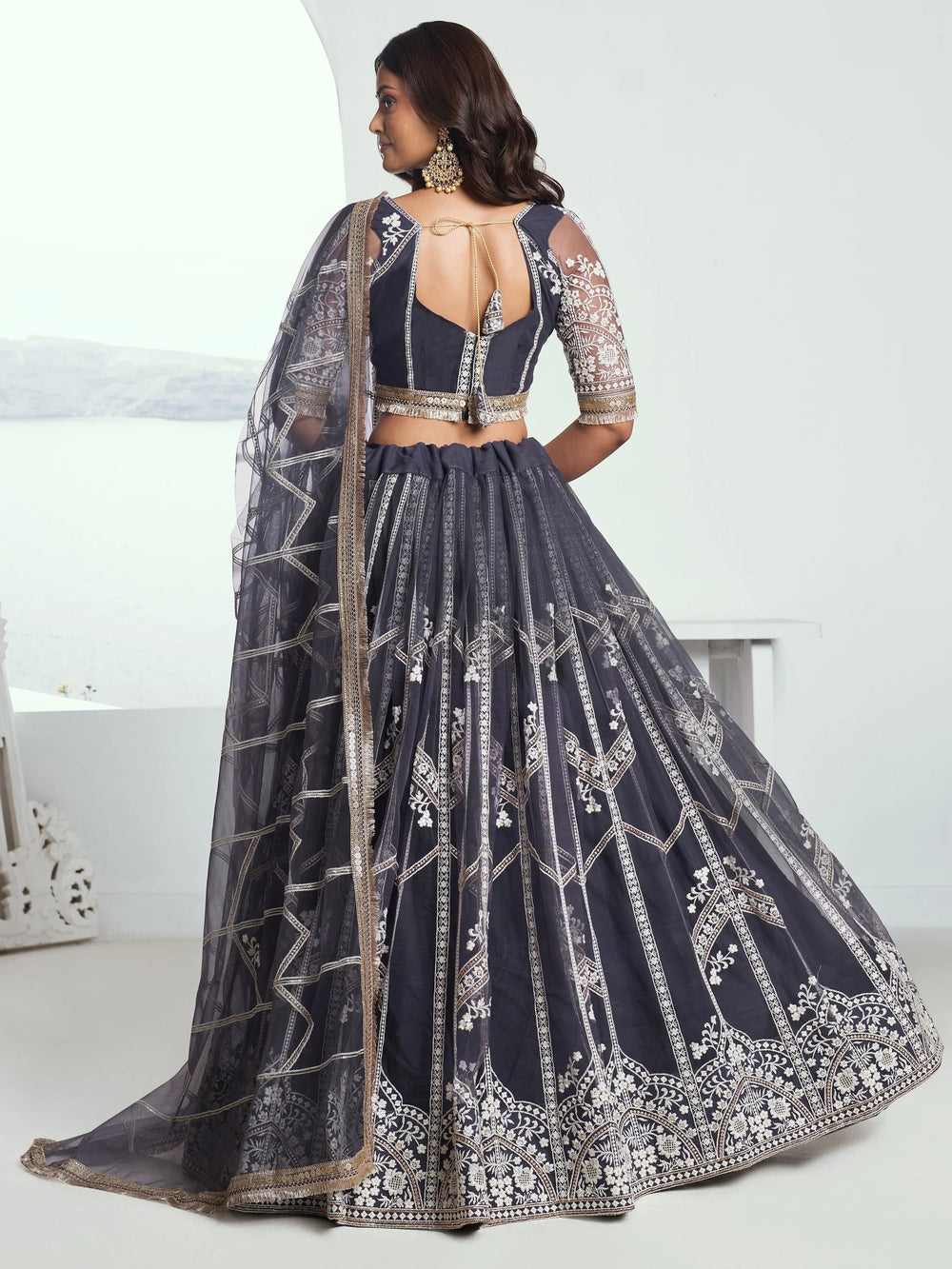 Grey Slate Embroidered Net Engagement Wear Lehenga Choli for Women