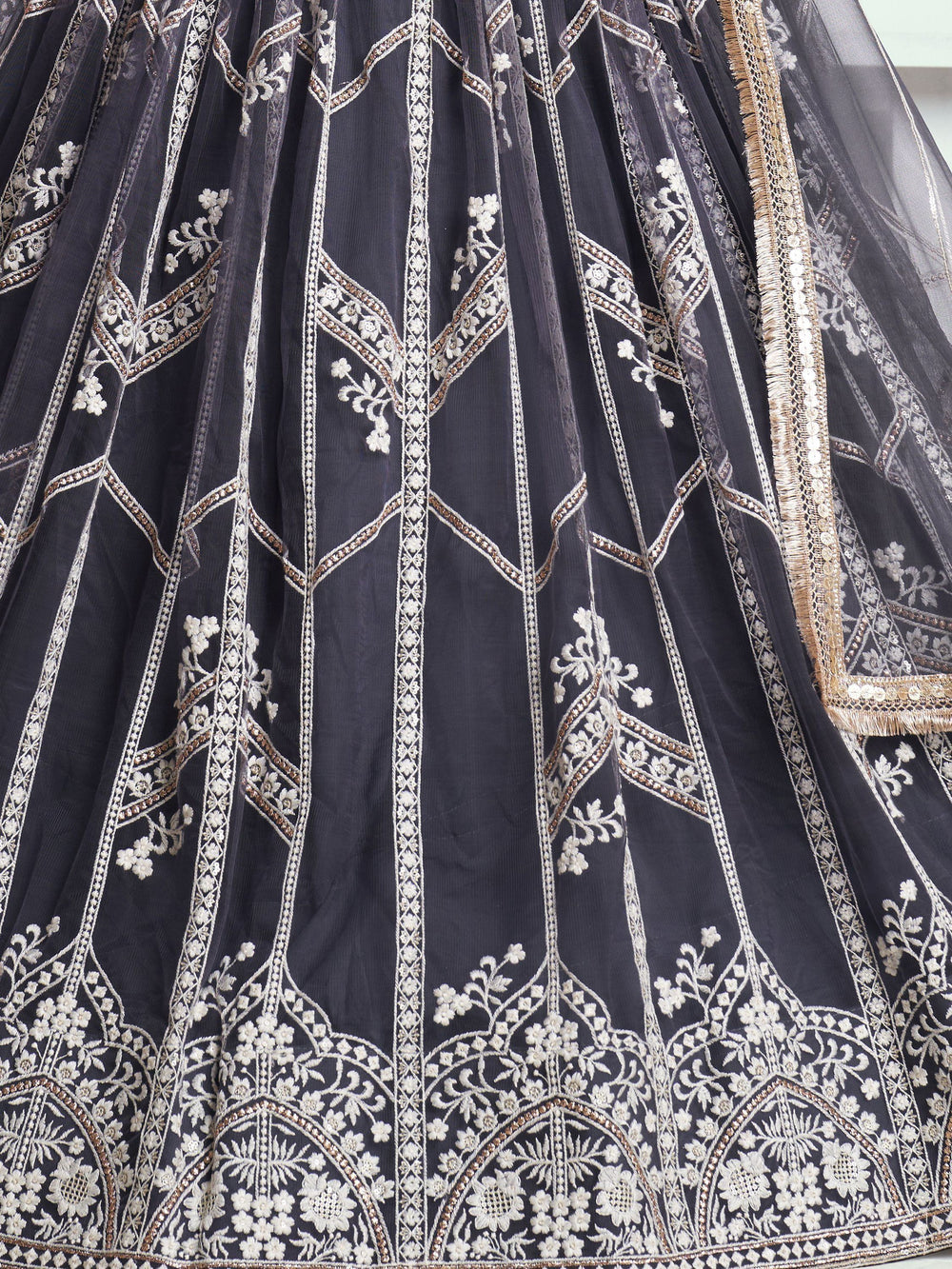 Grey Slate Embroidered Net Engagement Wear Lehenga Choli for Women