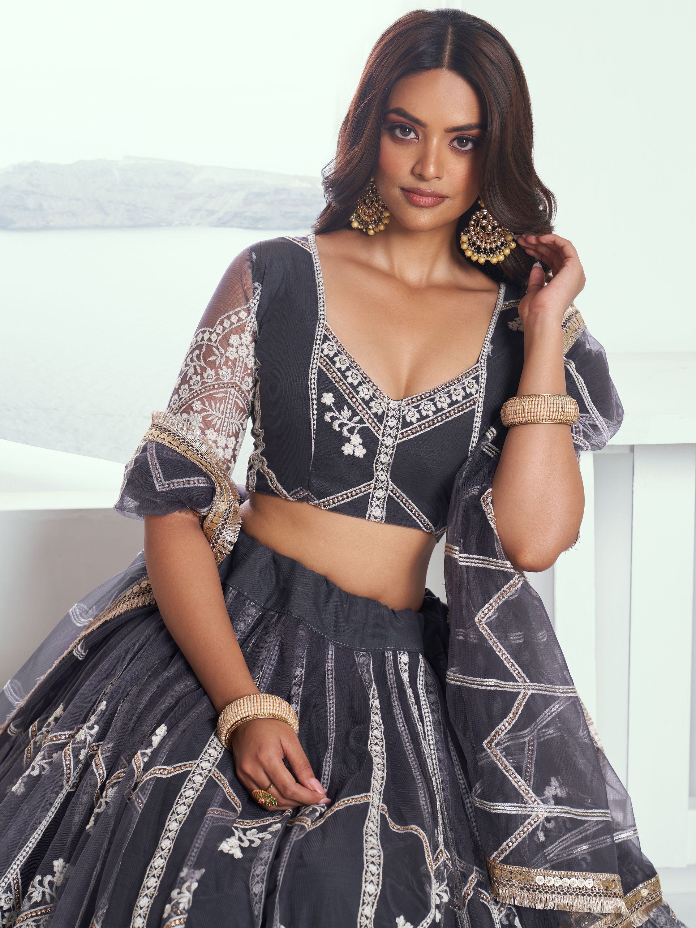 Grey Slate Embroidered Net Engagement Wear Lehenga Choli for Women