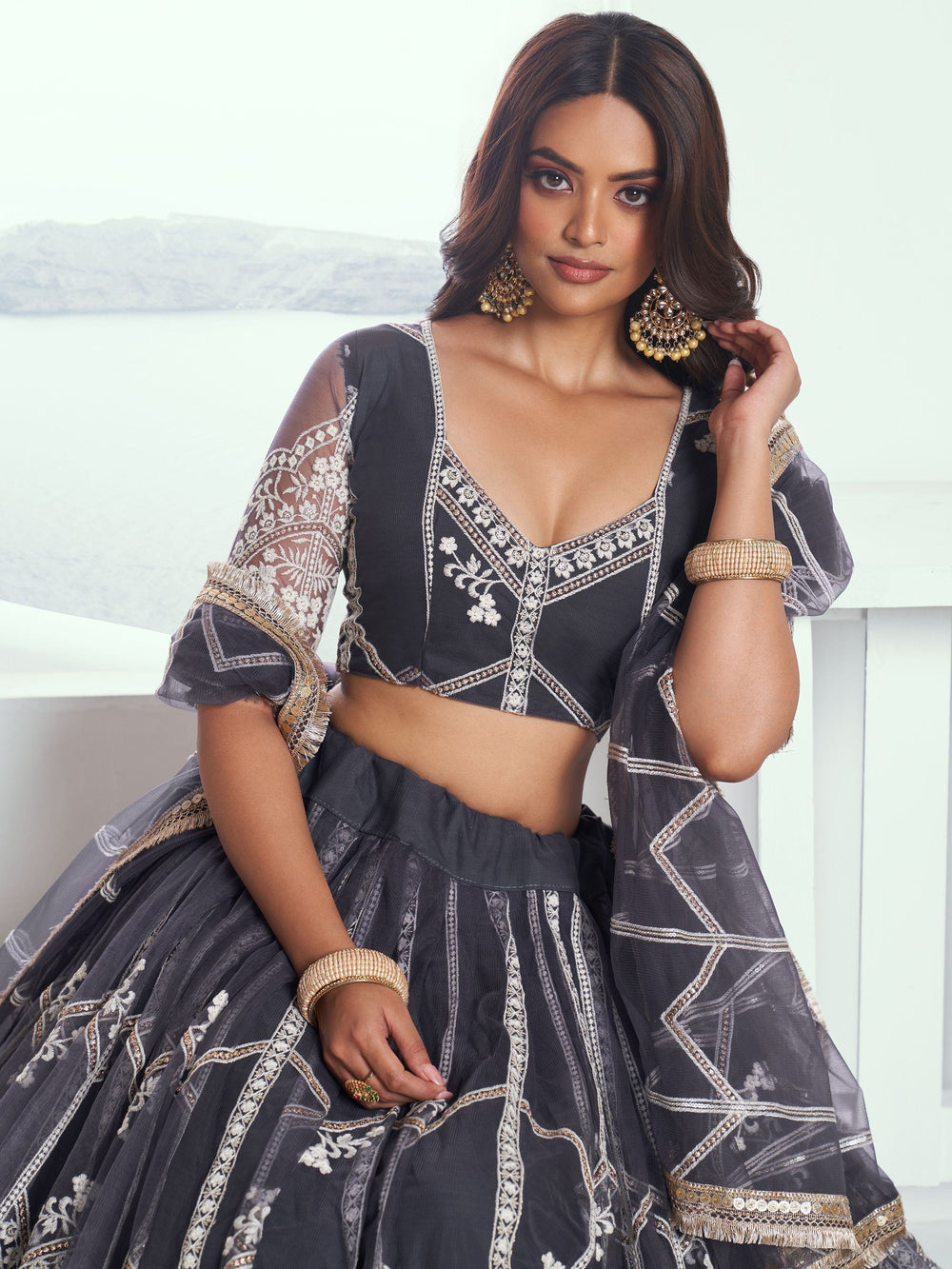 Grey Slate Embroidered Net Engagement Wear Lehenga Choli for Women