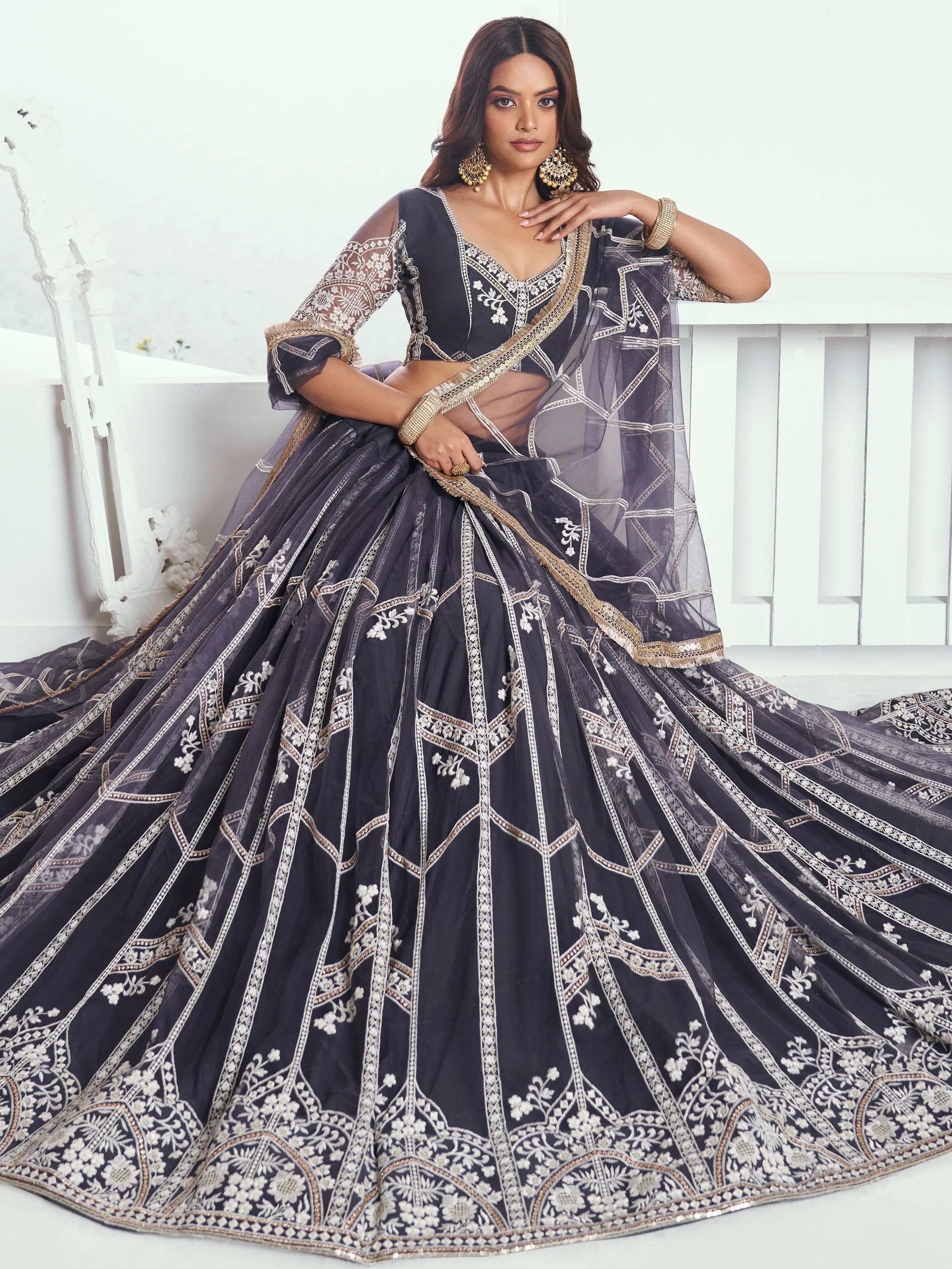 Grey Slate Embroidered Net Engagement Wear Lehenga Choli for Women