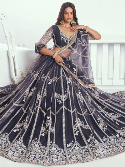 Grey Slate Embroidered Net Engagement Wear Lehenga Choli for Women