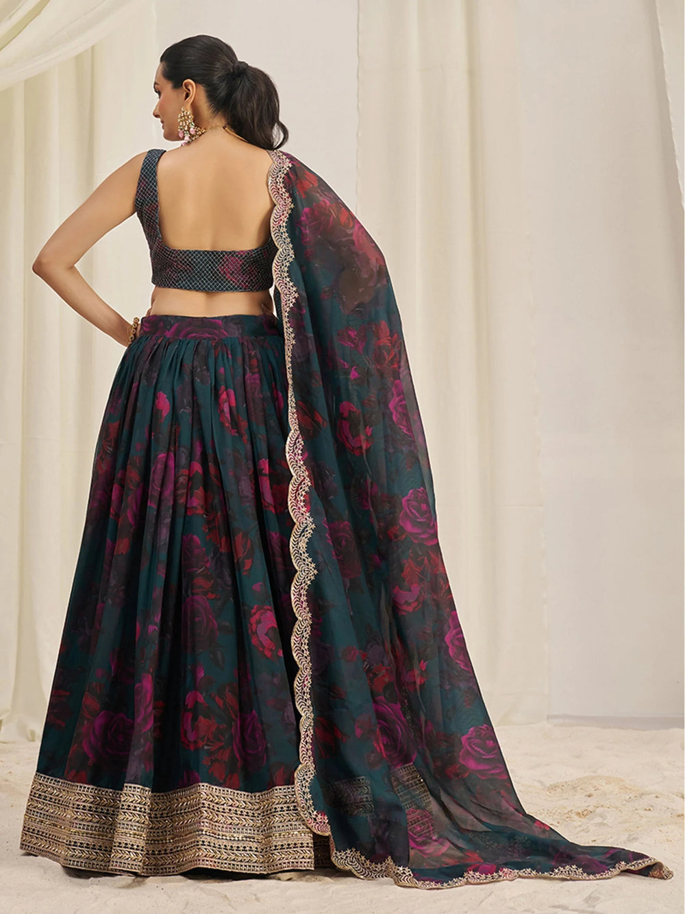 Teal Tantalizing Floral Printed Organza Mehendi Wear Lehenga Choli for Women