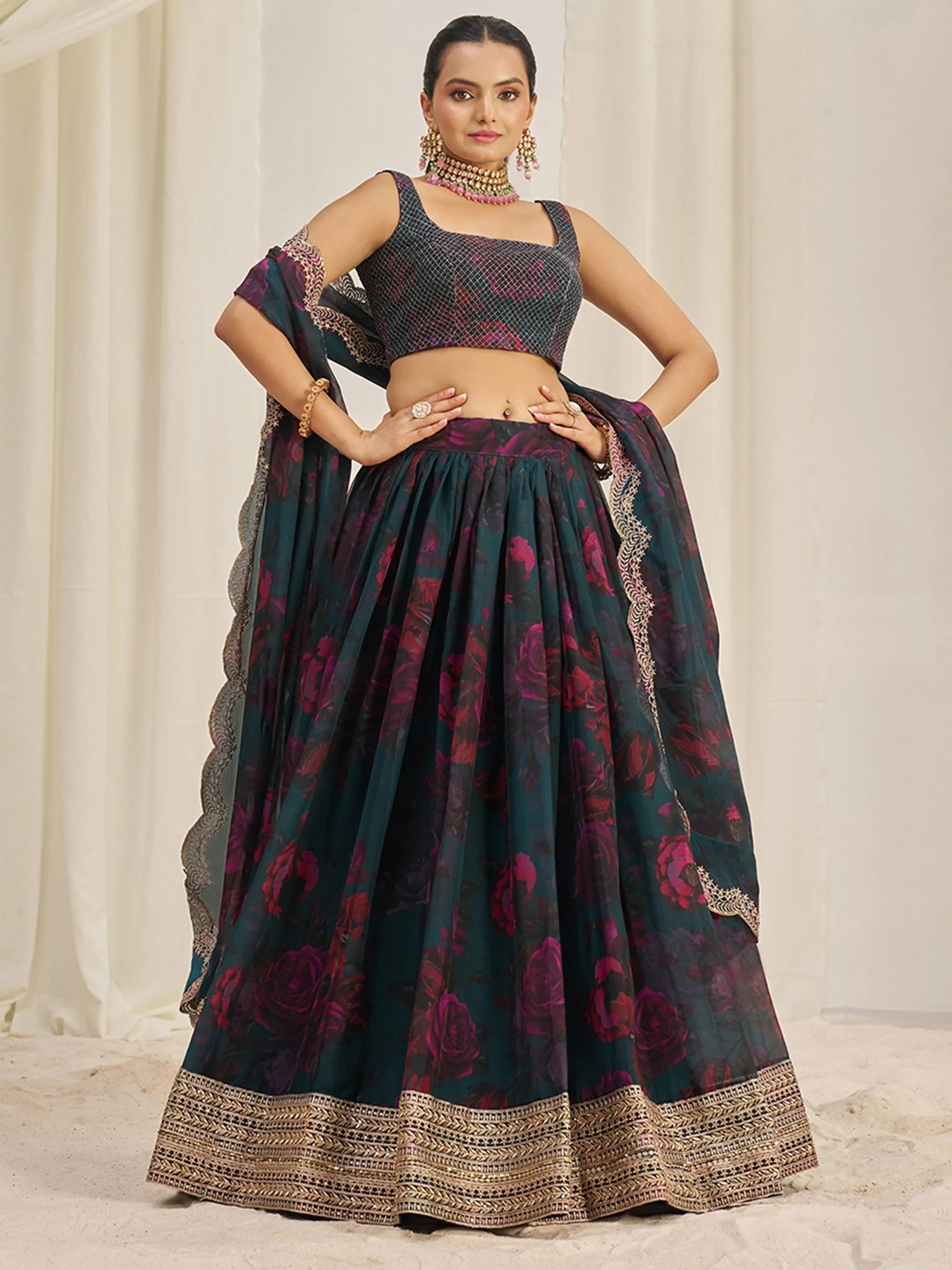 Teal Tantalizing Floral Printed Organza Mehendi Wear Lehenga Choli for Women