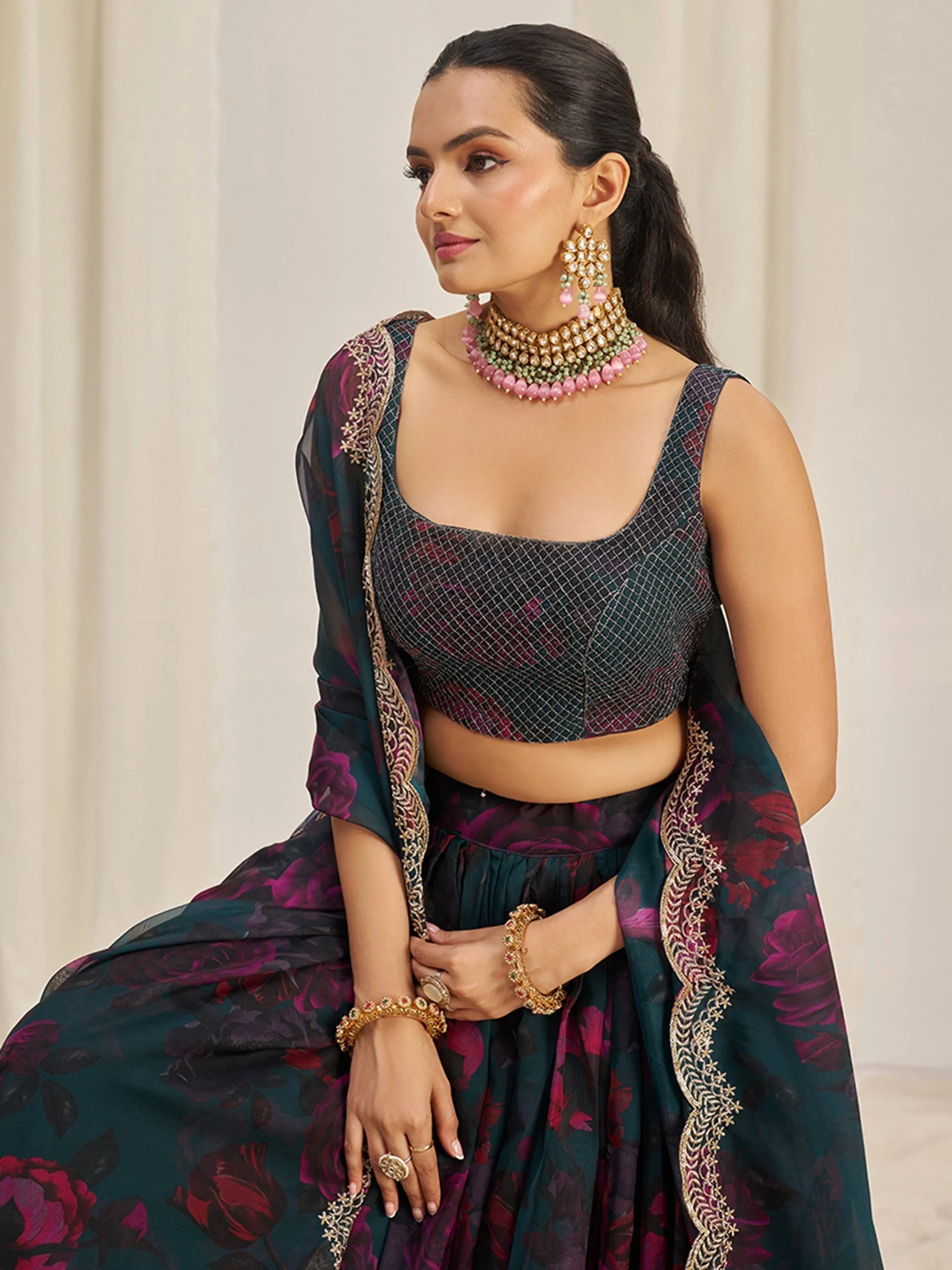 Teal Tantalizing Floral Printed Organza Mehendi Wear Lehenga Choli for Women