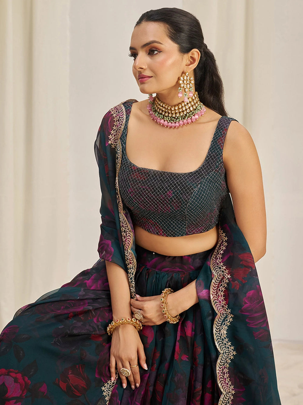 Teal Tantalizing Floral Printed Organza Mehendi Wear Lehenga Choli for Women