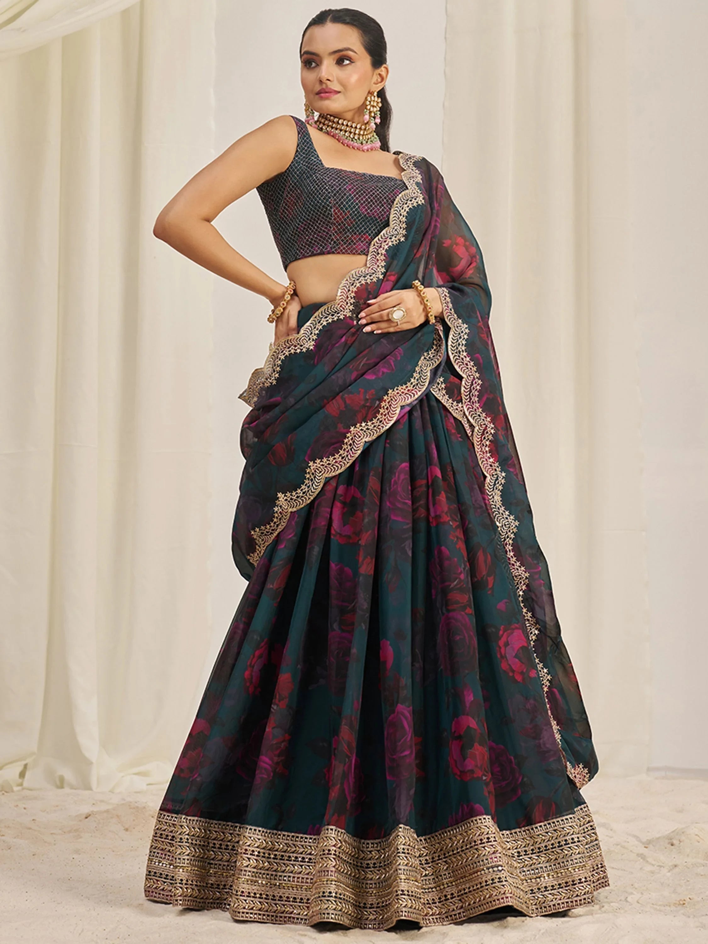 Teal Tantalizing Floral Printed Organza Mehendi Wear Lehenga Choli for Women