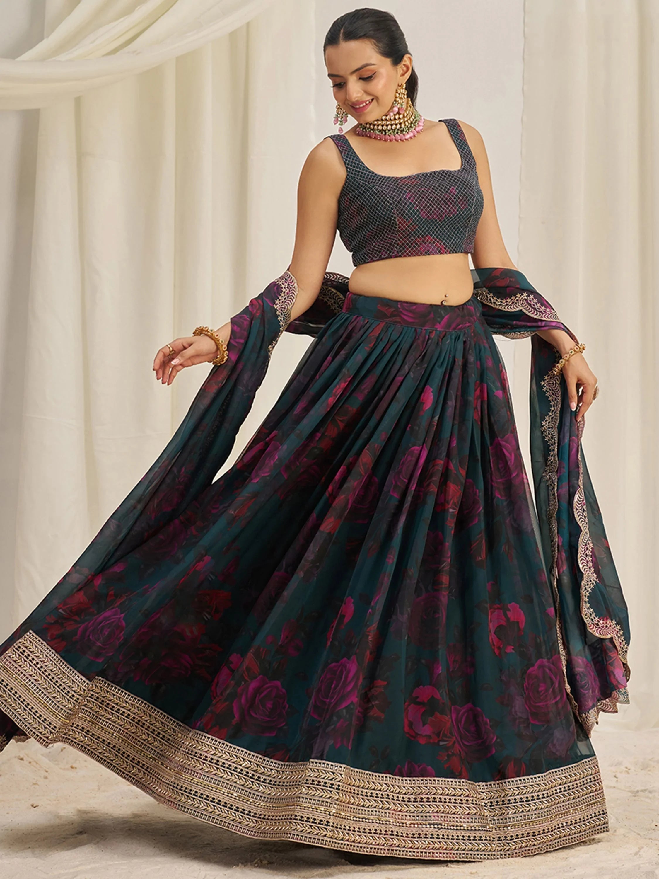 Teal Tantalizing Floral Printed Organza Mehendi Wear Lehenga Choli for Women