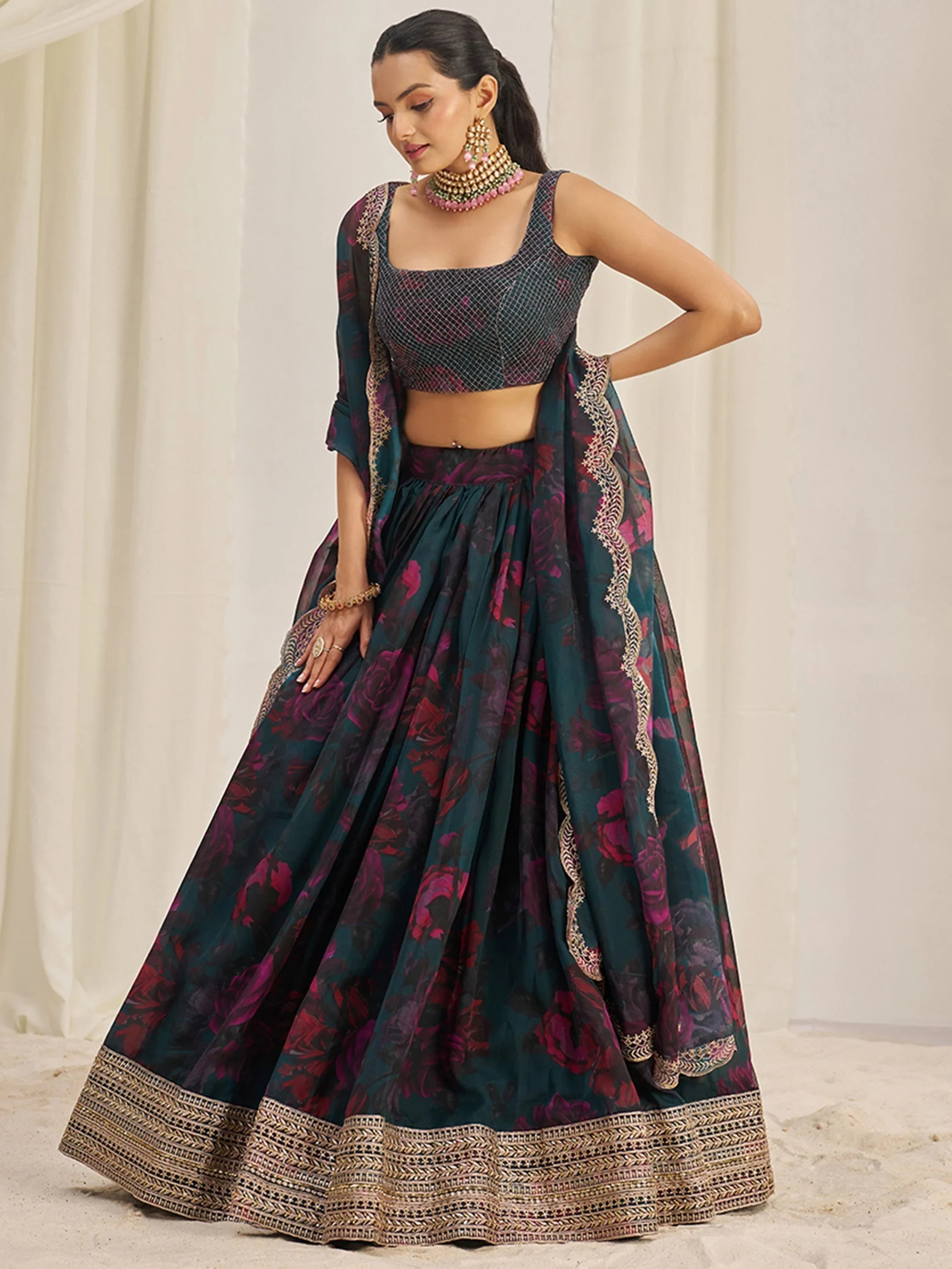 Teal Tantalizing Floral Printed Organza Mehendi Wear Lehenga Choli for Women