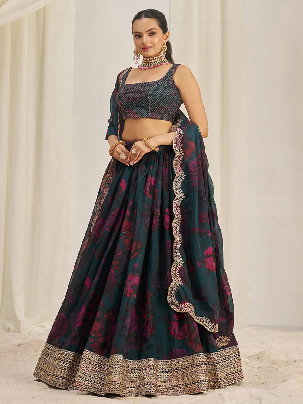 Teal Tantalizing Floral Printed Organza Mehendi Wear Lehenga Choli for Women