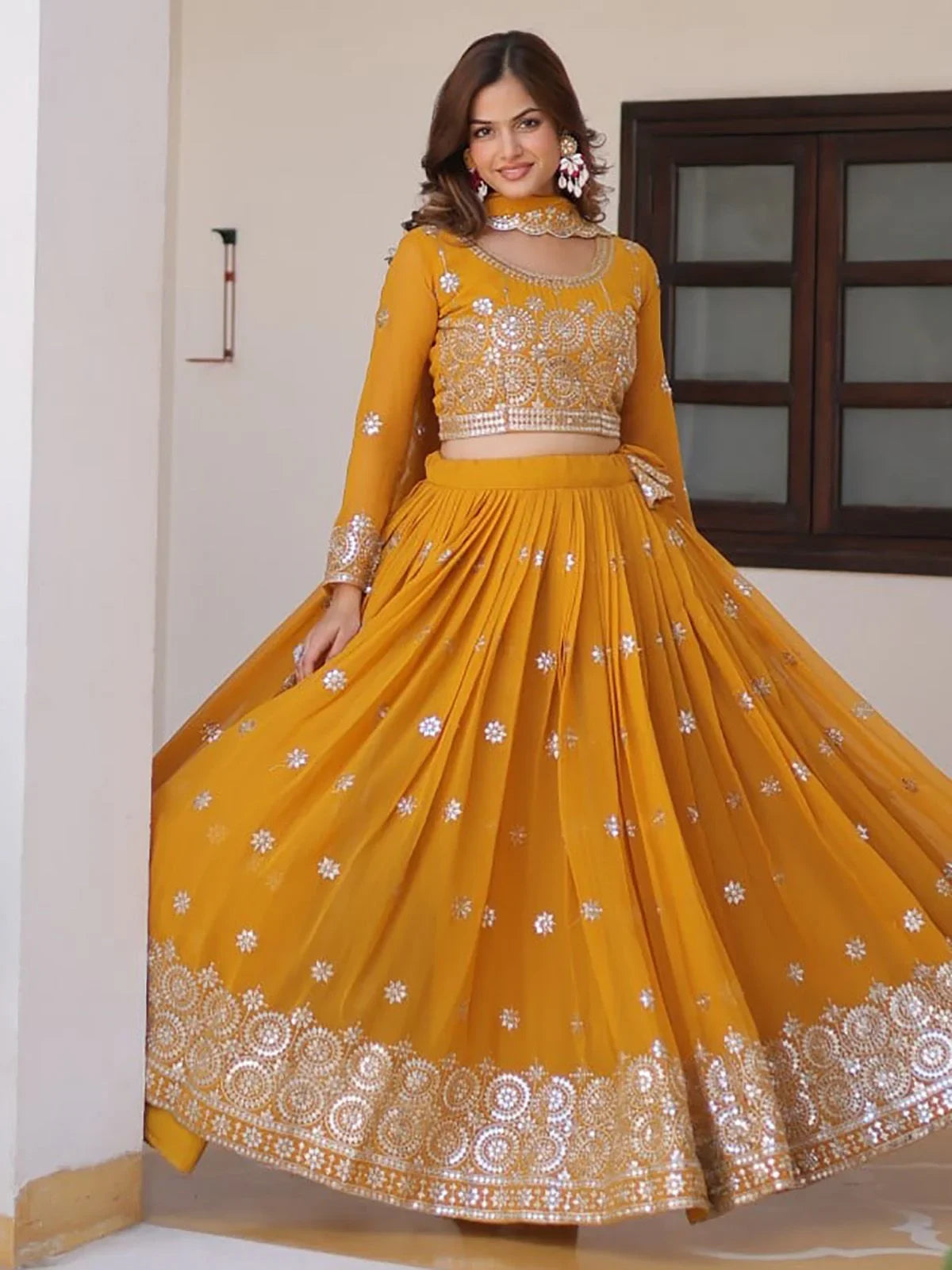 Yellow Eye-Catching Sequins Georgette Haldi Wear Lehenga Choli for Women